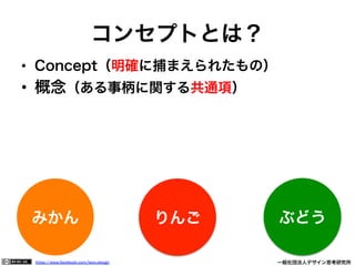https://www.facebook.com/keio.design              一般社団法人デザイン思考研究所
コンセプトとは？
みかん りんご ぶどう
•  Concept（明確に捕まえられたもの）
•  概念（ある事柄に関する共通項）
 