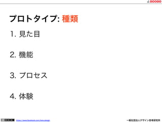 https://www.facebook.com/keio.design              一般社団法人デザイン思考研究所
プロトタイプ: 種類
1.  見た目
2.  機能
3.  プロセス
4.  体験
 