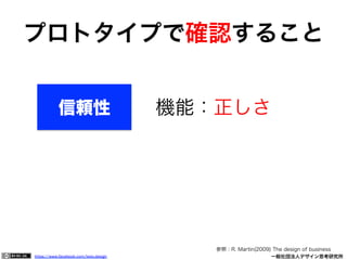 https://www.facebook.com/keio.design              一般社団法人デザイン思考研究所
プロトタイプで確認すること
参照：R. Martin(2009) The design of business
信頼性 機能：正しさ
 