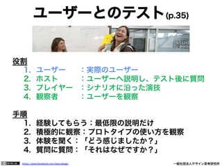 https://www.facebook.com/keio.design              一般社団法人デザイン思考研究所
ユーザーとのテスト(p.35)
役割
1.  ユーザー ：実際のユーザー
2.  ホスト ：ユーザーへ説明し、テスト後に質問
3.  プレイヤー ：シナリオに沿った演技
4.  観察者 ：ユーザーを観察
手順
1.  経験してもらう：最低限の説明だけ
2.  積極的に観察：プロトタイプの使い方を観察
3.  体験を聞く：「どう感じましたか？」
4.  質問に質問：「それはなぜですか？」
 
