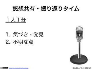 https://www.facebook.com/keio.design              一般社団法人デザイン思考研究所
１人１分
1.  気づき・発見
2.  不明な点
感想共有・振り返りタイム
 