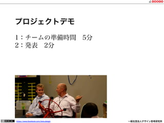 https://www.facebook.com/keio.design              一般社団法人デザイン思考研究所
1：チームの準備時間 5分
2：発表 2分
プロジェクトデモ
 