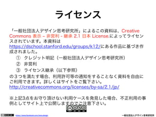 https://www.facebook.com/keio.design              一般社団法人デザイン思考研究所
ライセンス
「一般社団法人デザイン思考研究所」によるこの資料は、Creative
Commons 表示 ‒ 非営利 - 継承 2.1 日本 License.によってライセン
スされています。本資料は
https://dschool.stanford.edu/groups/k12/にある作品に基づき作
成されました。
①  クレジット明記（一般社団法人デザイン思考研究所）
②  非営利
③  ライセンス継承（以下参照）
の３つを満たす場合、利用許可等の通知をすることなく資料を自由に
ご利用できます。詳しくはサイトをご覧下さい。
http://creativecommons.org/licenses/by-sa/2.1/jp/
※上記3点をお守り頂けない利用ケースを発見した場合、不正利用の事
例としてサイト上で公開しますのでご注意下さい。
 