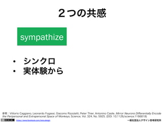 https://www.facebook.com/keio.design              一般社団法人デザイン思考研究所
sympathize
•  シンクロ
•  実体験から
２つの共感
参照：Vittorio Caggiano, Leonardo Fogassi, Giacomo Rizzolatti, Peter Thier, Antonino Casile. Mirror Neurons Diﬀerentially Encode
the Peripersonal and Extrapersonal Space of Monkeys, Science, Vol. 324, No. 5925. (DOI: 10.1126/science.1166818)
 