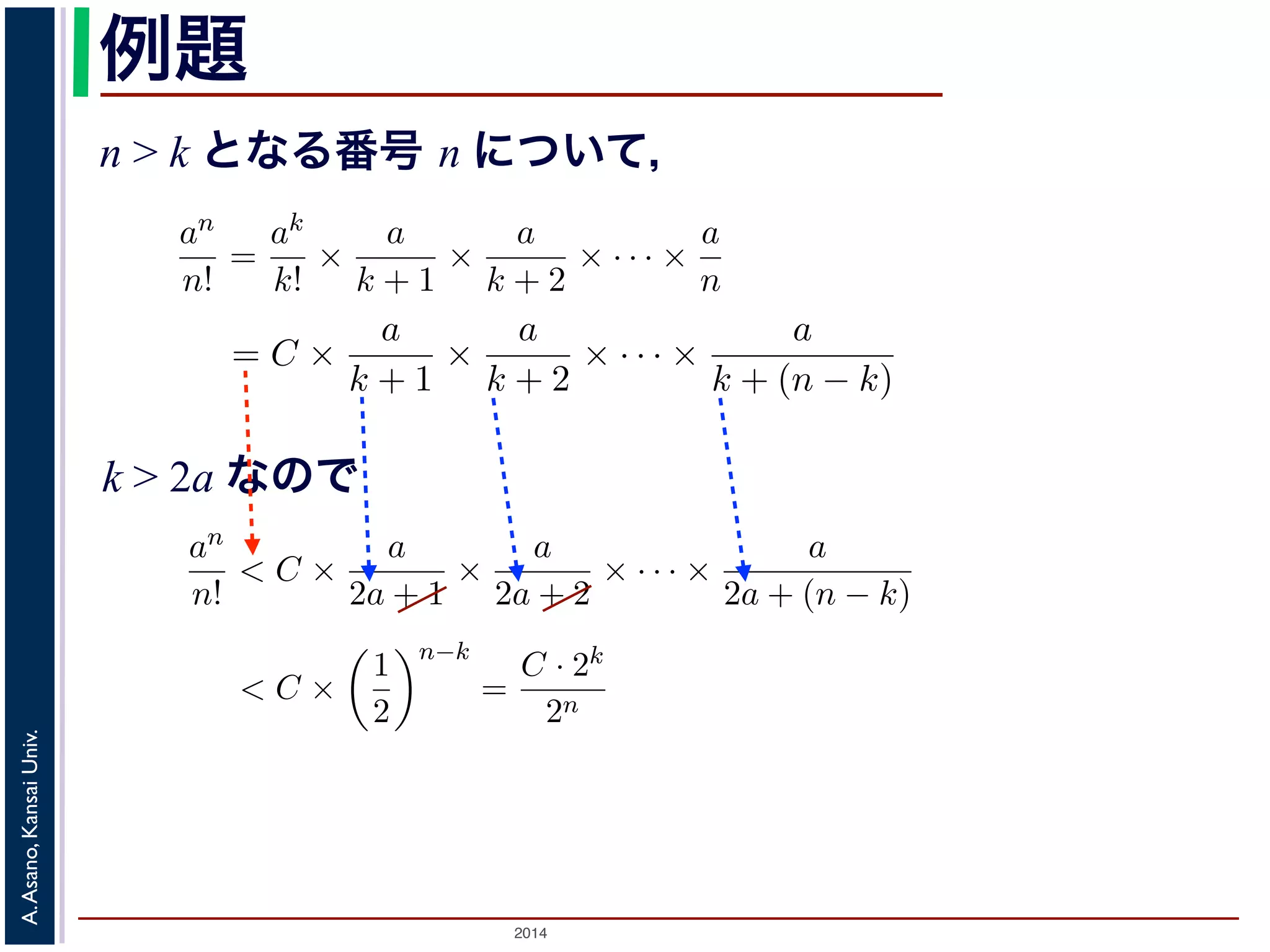 − ，{an} かります。■ 
an 
n! 
かります。■ 
例題 
n > k となる番号 n について， 
a > 0 のとき， lim 
n→∞ 
= 0であることを証明せよ。 
であることを証明せよ。 
k > 2a であるようなk をもってきak 
an 
n! 
= C とおきます。すると，n > k のan 
n! 
とき， lim 
n→∞ 
ってきて，ak 
= 0であること証明せよ。 
るような番号k をもってきて，ak 
2014 A. Asano, Kansai Univ. 
k! 
= 
ak 
k! × 
a 
k + 1 × 
a 
k + 2 × · · · × 
a 
n 
= C × 
a 
k + 1 × 
a 
k + 2 × · · · × 
a 
k + (n で，k > 2a ですから 
an 
n! 
< C × 
a 
2a + 1 × 
a 
2a + 2 × · · · × 
a 
2a + (n − k) 
< C × 
! 
1 
2 
"n−k 
= 
C · 2k 
2n < 
C · 2k 
n 
とすることができます。そこで，ある（小さな）正の数ε をもってきて，n > 
C · 2k 
ε 
と，上の式に代入してan 
n! 
< ε となります。すなわち，an 
n! 
は0 に収束します。■ 
関数の極限 
k! 
= C とおきます。すると，n > k のとき 
a 
+ 2 × · · · × 
a 
n 
= C × 
a 
k + 1 × 
a 
k + 2 × · · · × 
a 
k + (n − k) 
(4) 
C × 
a 
2a + 1 × 
a 
2a + 2 × · · · × 
a 
2a + (n − k) 
C × 
! 
1 
2 
"n−k 
= 
C · 2k 
2n < 
C · 2k 
n 
(5) 
ある（小さな）正の数ε をもってきて，n > 
C · 2k 
ε 
となるn を考える 
なります。すなわち，an 
n! 
は0 に収束します。■ 
k > 2a なので 
k! 
= C とおきます。すると，n > k のとき 
= 
ak 
k! × 
a 
k + 1 × 
a 
k + 2 × · · · × 
a 
n 
= C × 
a 
k + 1 × 
a 
k + 2 × · · · × 
a 
k + (n − k) 
すから 
an 
n! 
< C × 
a 
2a + 1 × 
a 
2a + 2 × · · · × 
a 
2a + (n − k) 
< C × 
! 
1 
2 
"n−k 
= 
C · 2k 
2n < 
C · 2k 
n 
できます。そこで，ある（小さな）正の数ε をもってきて，n > 
C · 2k 
ε 
となるn を考え代入してan 
n! 
< ε となります。すなわち，an 
n! 
は0 に収束します。■ 
とき， lim 
n→∞ 
an 
n! 
= 0であることを証明せよ。 
るような番号k をもってきて，ak 
k! 
= C とおきます。すると，n > k のとき 
an 
n! 
= 
ak 
k! × 
a 
k + 1 × 
a 
k + 2 × · · · × 
a 
n 
= C × 
a 
k + 1 × 
a 
k + 2 × · · · × 
a 
k + (n − k) 
(4) 
すから 
an 
n! 
< C × 
a 
2a + 1 × 
a 
2a + 2 × · · · × 
a 
2a + (n − k) 
< C × 
! 
1 
2 
"n−k 
= 
C · 2k 
2n < 
C · 2k 
n 
(5) 
できます。そこで，ある（小さな）正の数ε をもってきて，n > 
C · 2k 
ε 
となるn を考える 
代入してan 
n! 
< ε となります。すなわち，an 
n! 
は0 に収束します。■ 
 
