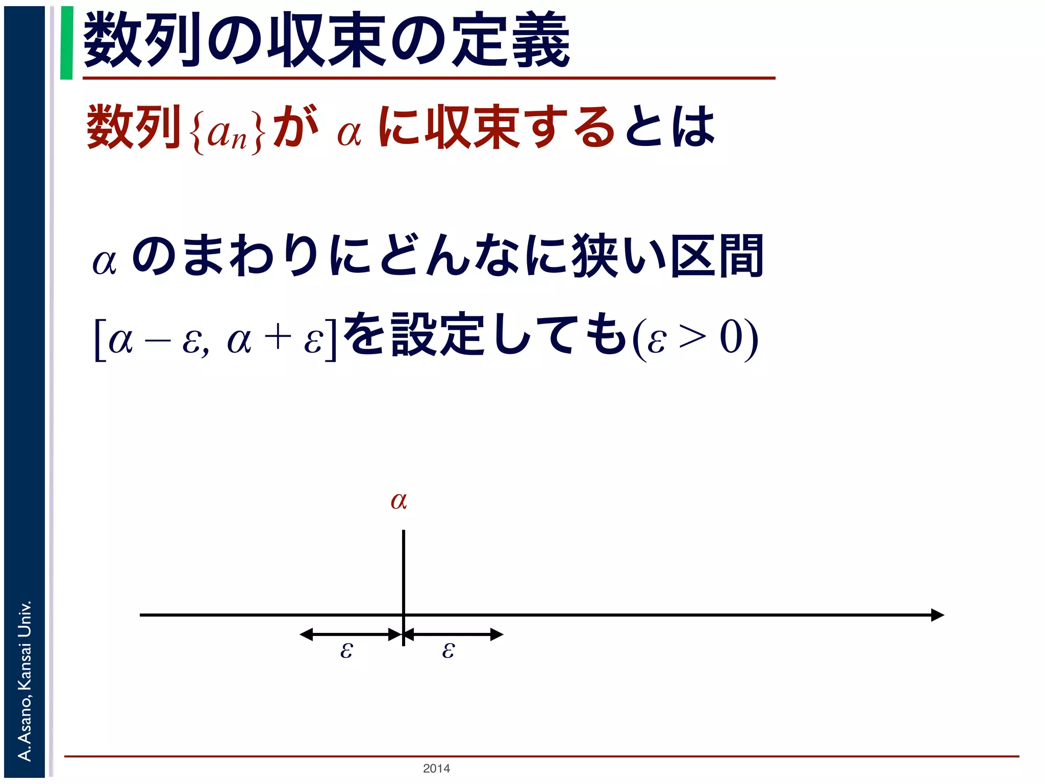 数列の収束の定義 
数列{an}が α に収束するとは 
α のまわりにどんなに狭い区間 
[α – ε, α + ε]を設定しても(ε > 0) 
α 
Univ. 
Kansai ε 
Asano, A. 2014 ε 
 