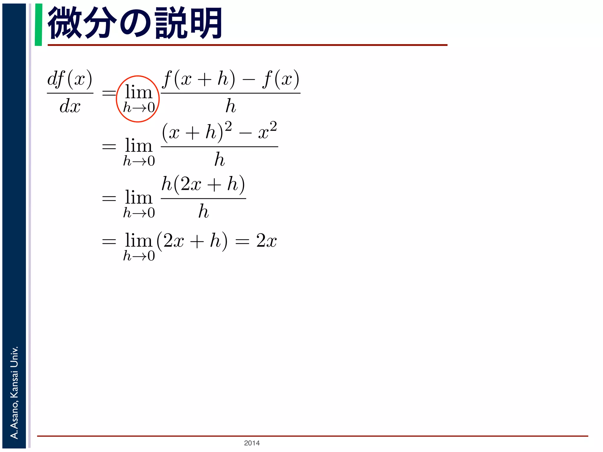 微分の説明 
る 
えば「f(x) = x2 をx で微分せよ」という問題を次のように説明されたと 
関数 f(x) = x2 の微分 
df (x) 
dx 
= lim 
h→0 
f(x + h) − f(x) 
h 
= lim 
h→0 
(x + h)2 − x2 
h 
= lim 
h→0 
h(2x + h) 
h 
= lim 
h→0 
(2x + h) = 2x 
2014 A. Asano, Kansai Univ. 
(1) 
0 に近づいているだけで，まだ0 ではないから」といってh で割ってい 
としています。これはおかしくありませんか？ 
収束」を正確に理解する必要があります。今日は，「限りなく近づく」と 
」について考えてみます。 
 