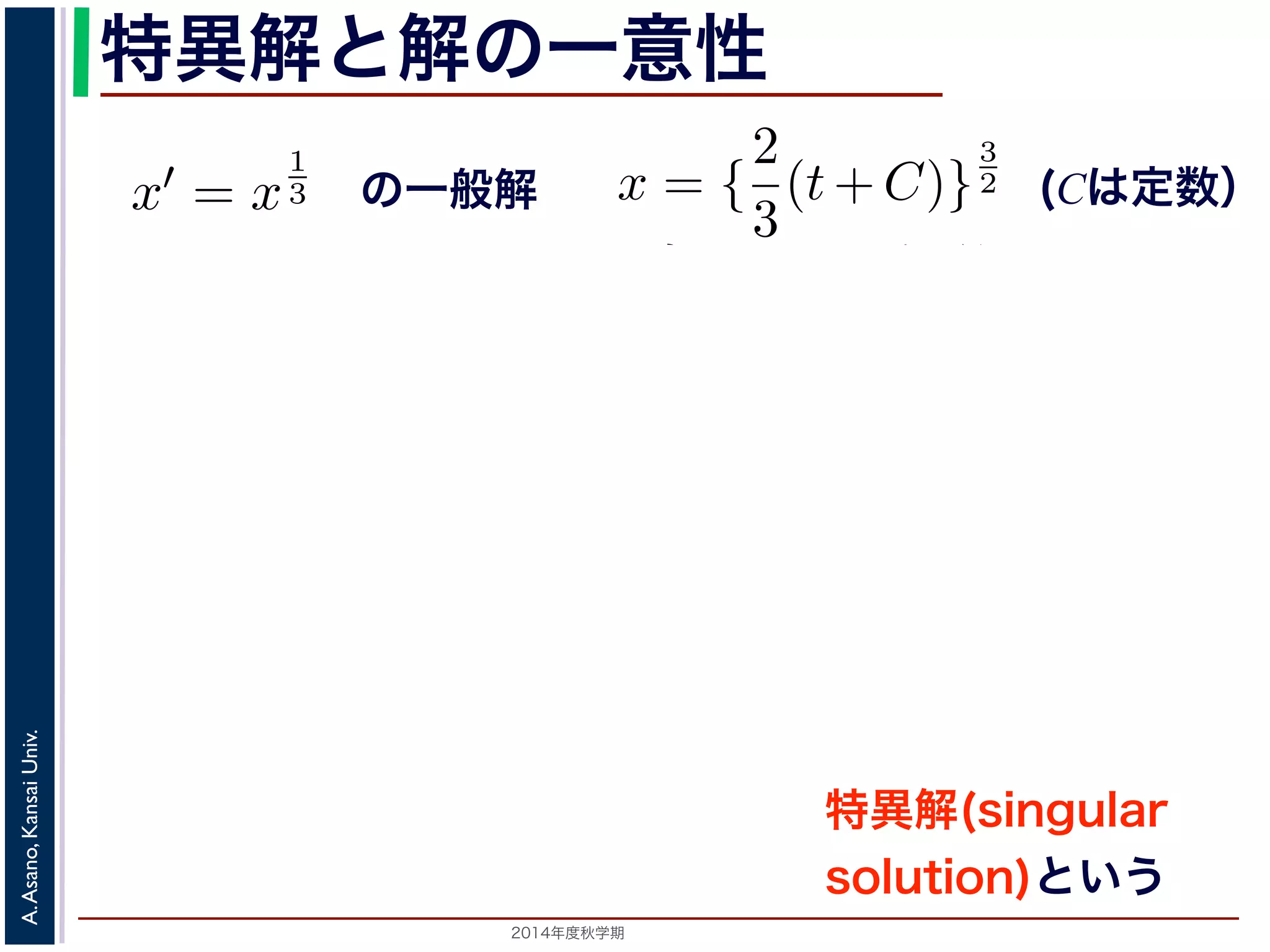 特異解と解の一意性 
x′ = x 
3 
2（C は定数）て確かめてみてください）。一方，x ≡ 0 も明らかに解ですても出てきません。このように一般解からは出てこない解たときに解がひとつだけに定まることを，解が一意(unique) が1 
3 
3 を考えます。x = { 
2（(はC 定は数定） 
数て確かめてみてください）。一方，x ≡ 0 も明らかに解でても出てきません。このように一般解からは出てこないたときに解がひとつだけに定まることを，解が一意(unique) が3 
2 しますから，解が一意ではありません。 
である（十分）条件としてよく知られているものに，Lipschitz（す。これは，微分方程式がx′(t) = f(t, x) の形で表されの3 
2 がしますから，解が一意ではありません。 
Univ. 
であKansai る（十分）条件としてよく知られているものに，Lipschitz（す。Asano, これは，微分方程式がx′(t) = f(t, x) の形で表されるA. えたとき，初期値のまわ2014り年度で秋学期ど　んなx1, x2 に対しても 
2 
3 
(t+C)} 
x(0) = 0 のとき，一般解からはC = 0でx = ( 
2 
3 
t) 
一般解 
方程式x′ = x 
1 
3 を考えます。x = { 
2 
3 
(t+C)} 
x(0) = 0 のとき，一般解からはC = 0でx = ( 
2 
3 
t) 
 