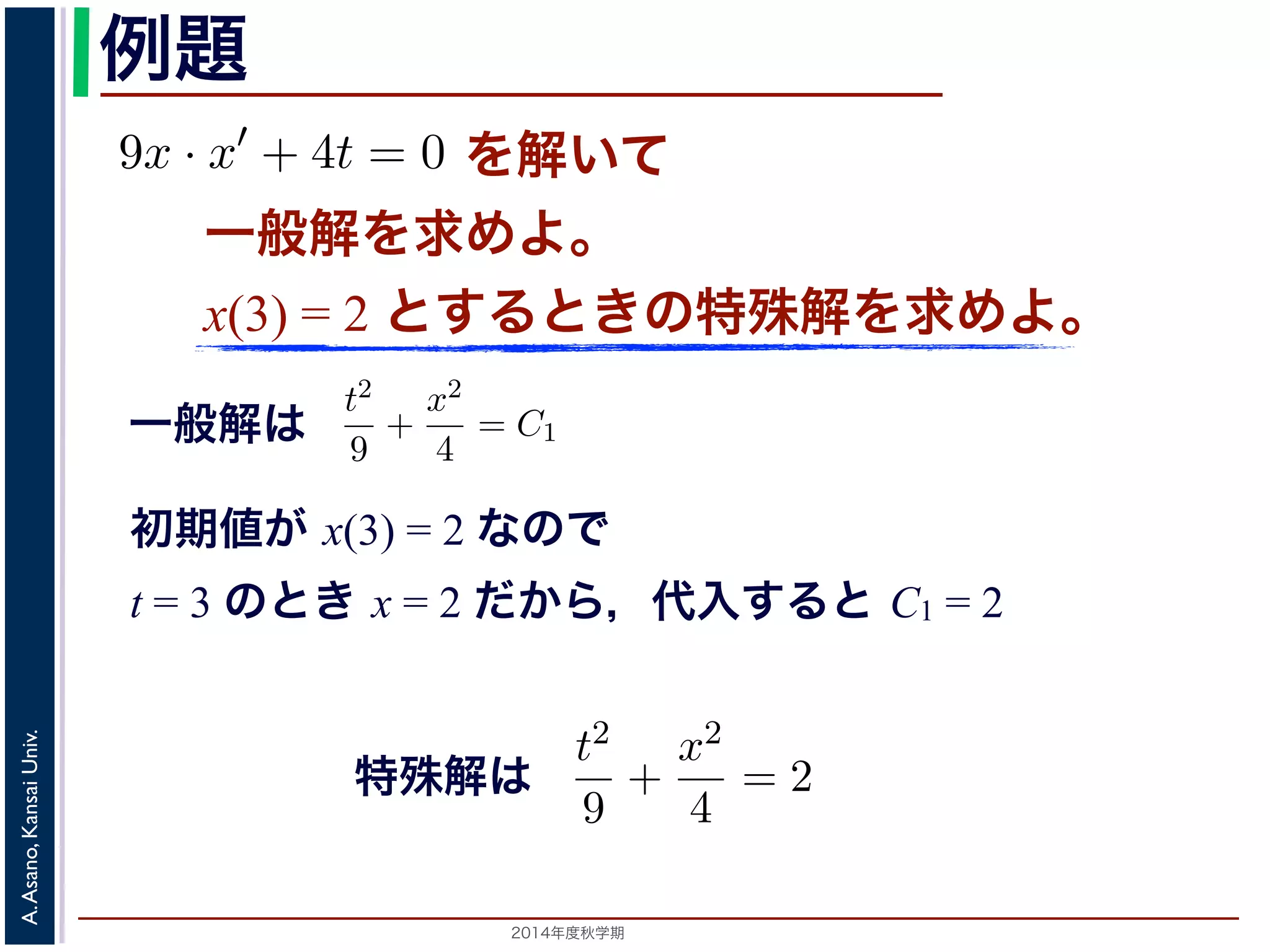 例題 
それぞれ積分すると，C0 を定数として 
9 
2 
れ積分すると，C0 を定数としをて 
解x2 い= て 
−2t2 + C0 求められます。この解は， 
9x · x′ + 4t = 0 た，初期値をx(3) = 2 とするときの特殊解を求めてくださいすると 
一般解を求めよ。 
れます。この解x(は3) ， 
= 2 とするときの特殊解を求めよ。 
9xdx = −4tdt 　第５回(2014. 10. 23) http://racco.mikeneko.jp/　3/5 = C1 一般解は 
ができます（C1 は別の定数）。この式は，解がt − x 平面上の楕円が9 
2 
x2 = −2t2 + C0 (13) 
t2 
9 
+ 
x2 
4 
t2 
9 
+ 
x2 
4 
= C1 (14) 
ます（C1 は別の定数）。この式は，解がt − x 平面上の楕円群であることを示し 
初期値が x(3) = 2 なので 
t = 3 のとき x = 2 だから，代入すると C1 = 2 
x(3) = 2 のときは，(14) 式にt = 3, x = 2を代入するとC1 = 2t2 
= 2 のときは，(14) 式にt = 3, x = 2を代入するとC1 = 2ですから，特殊解は 
t2 
9 
Univ. 
+ 
Kansai Asano, A. 2014年度秋学期　x2 
4 
= 2 (15) 
9 
+ 
x2 
4 
= 2  