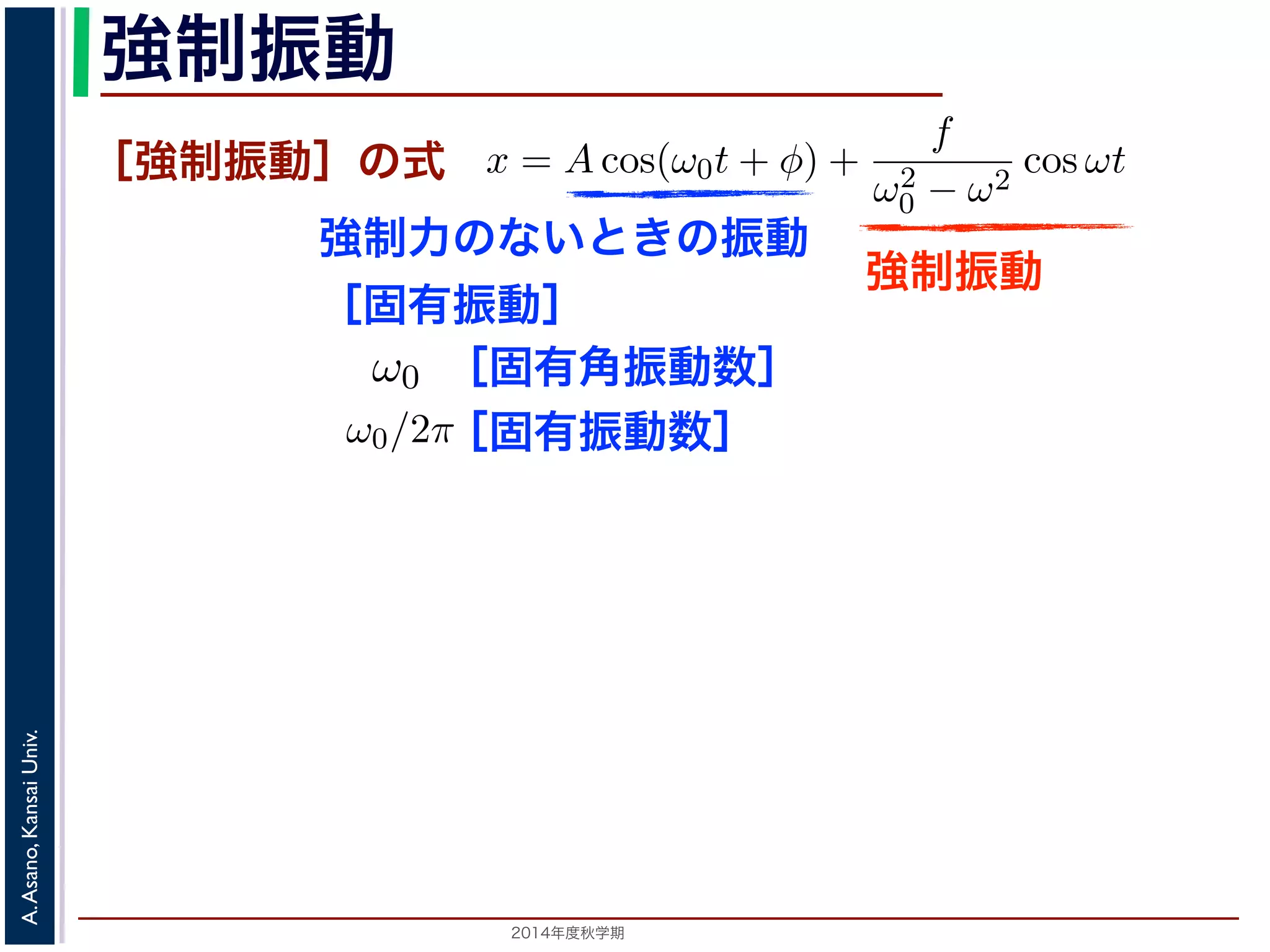 て，(11) 式の非斉次形方程式の一般解は 
強制振動 
［強制振動］の式 
強制力のないときの振動 
［固有振動］ 
強制振動 
ω0t ［固有角振動数］ 
を固有振動は強制振動を表す項です。この項は，強制振動の角振動数ω がω0 に近づす。ω = ω0 のときは，第２項の分母が0 になるので，この形では解くこと特殊解をx = t(C1 cos ω0t + C2 sin ω0t) とおいて(11) 式に代入すると， 
2014年度秋学期　A. Asano, Kansai Univ. 
ω̸= ω0 のとき，C = 
f 
です。よって，(11) 式の非斉次形方程式の一般ω2 
− ω2 0 f 
x = Acos(ω0t + φ) + 
ω2 
0 − ω2 cos ωt ります。 
の解の第１項は，強制力がない時の振動で固有振動といい，ω0 
2π 
2C1ω0 − tC2ω2 
0 
" 
sin ω0t + 
! 
2C2ω0 − tC1ω2 
0 
" 
cos ω0t + tω2 
0 (C1 cos ω0t + C2 −2C1ω0 sin ω0t + 2C2ω0 りますから，C1 = 0, C2 = 
f 
2ω0 
となります。すなわち，(11) 式の一般解は 
x = Acos(ω0t + φ) + 
ft 
sin −x = Acos(ω0t + と表されます。 
つまり，質点はx 軸上で[−A,A] の範囲を往復する振動いいます。時間t を秒の単位で測るとき，ω0 はコサインの進むかを表し，角振動数とよばれます。また，１往復に必要な時間ですから2π/ω0 で，これを周期といいます。さらにわちω0/2π で，これを振動数といいます。A は振幅といい1［固有振動数］ 
質量はあるが大きさはないという，力学上の概念としての理想的な浅野　晃／応用数学（解析）（2014 年度秋学期）　第１１回(2014. 12. 11) ω0t + φ) + 
f 
ω2 
0 − ω2 cos ωt (13) 
で固有振動といい，ω0 
2π 
を固有振動数といいます。一方，第 
制振動の角振動数ω がω0 に近づくと，どんどん大きくな 
になるので，この形では解くことができません。この場合 
とおいて(11) 式に代入すると， 
tC1ω2 
0 
" 
cos ω0t + tω2 
0 (C1 cos ω0t + C2 sin ω0t) = f cos ω0t 
−2C1ω0 sin ω0t + 2C2ω0 cos ω0t = f cos ω0t 
(14) 
す。すなわち，(11) 式の一般解は 
 