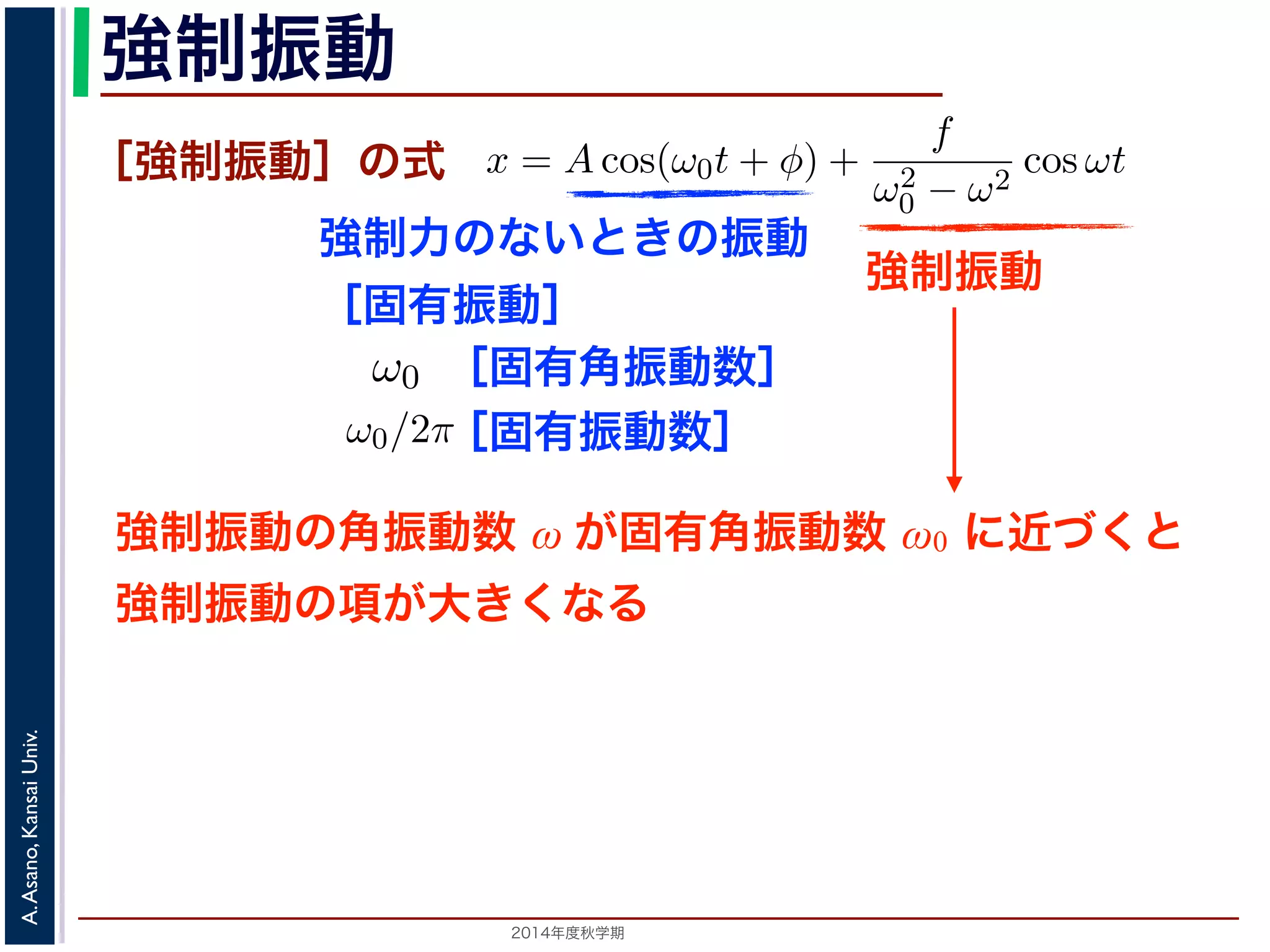 て，(11) 式の非斉次形方程式の一般解は 
強制振動 
f 
［強制振動］の式 
ω2 
0 − ω2 cos ωt (13) 
強制力のないときの振動 
［固有振動］ 
強制振動 
ω0t ω0t + φ) + 
［固有角振動数］ 
を固有振動は強制振動を表す項です。この項は，強制振動の角振動数ω がω0 に近づす。ω = ω0 のときは，第２項の分母が0 になるので，この形では解くこと特殊解をx = t(C1 cos ω0t + C2 sin ω0t) とおいて(11) 式に代入すると， 
で固有振動といい，ω0 
2π 
を固有振動数といいます。一方，第 
制振動の角振動数ω がω0 に近づくと，どんどん大きくな 
になるので，こ形では解くことができません。この場合 
とおいて(11) 式に代入すると， 
2014年度秋学期　A. Asano, Kansai Univ. 
ω̸= ω0 のとき，C = 
f 
です。よって，(11) 式の非斉次形方程式の一般ω2 
− ω2 0 f 
x = Acos(ω0t + φ) + 
ω2 
0 − ω2 cos ωt ります。 
の解の第１項は，強制力がない時の振動で固有振動といい，ω0 
2π 
2C1ω0 − tC2ω2 
0 
" 
sin ω0t + 
! 
2C2ω0 − tC1ω2 
0 
" 
cos ω0t + tω2 
0 (C1 cos ω0t + C2 −2C1ω0 sin ω0t + 2C2ω0 りますから，C1 = 0, C2 = 
f 
2ω0 
となります。すなわち，(11) 式の一般解は 
x = Acos(ω0t + φ) + 
ft 
sin −x = Acos(ω0t + と表されます。 
つまり，質点はx 軸上で[−A,A] の範囲を往復する振動いいます。時間t を秒の単位で測るとき，ω0 はコサインの進むかを表し，角振動数とよばれます。また，１往復に必要な時間ですから2π/ω0 で，これを周期といいます。さらにわちω0/2π で，これを振動数といいます。A は振幅といい1［固有振動数］ 
質量はあるが大きさはないという，力学上の概念としての理想的な浅野　晃／応用数学（解析）（2014 年度秋学期）　第１１回(2014. 12. 11) 強制振動の角振動数 ω が固有角振動数 ω0 に近づくと 
強制振動の項が大きくなる 
tC1ω2 
0 
" 
cos ω0t + tω2 
0 (C1 cos ω0t + C2 sin ω0t) = f cos ω0t 
−2C1ω0 sin ω0t + 2C2ω0 cos ω0t = f cos ω0t 
(14) 
す。すなわち，(11) 式の一般解は 
 