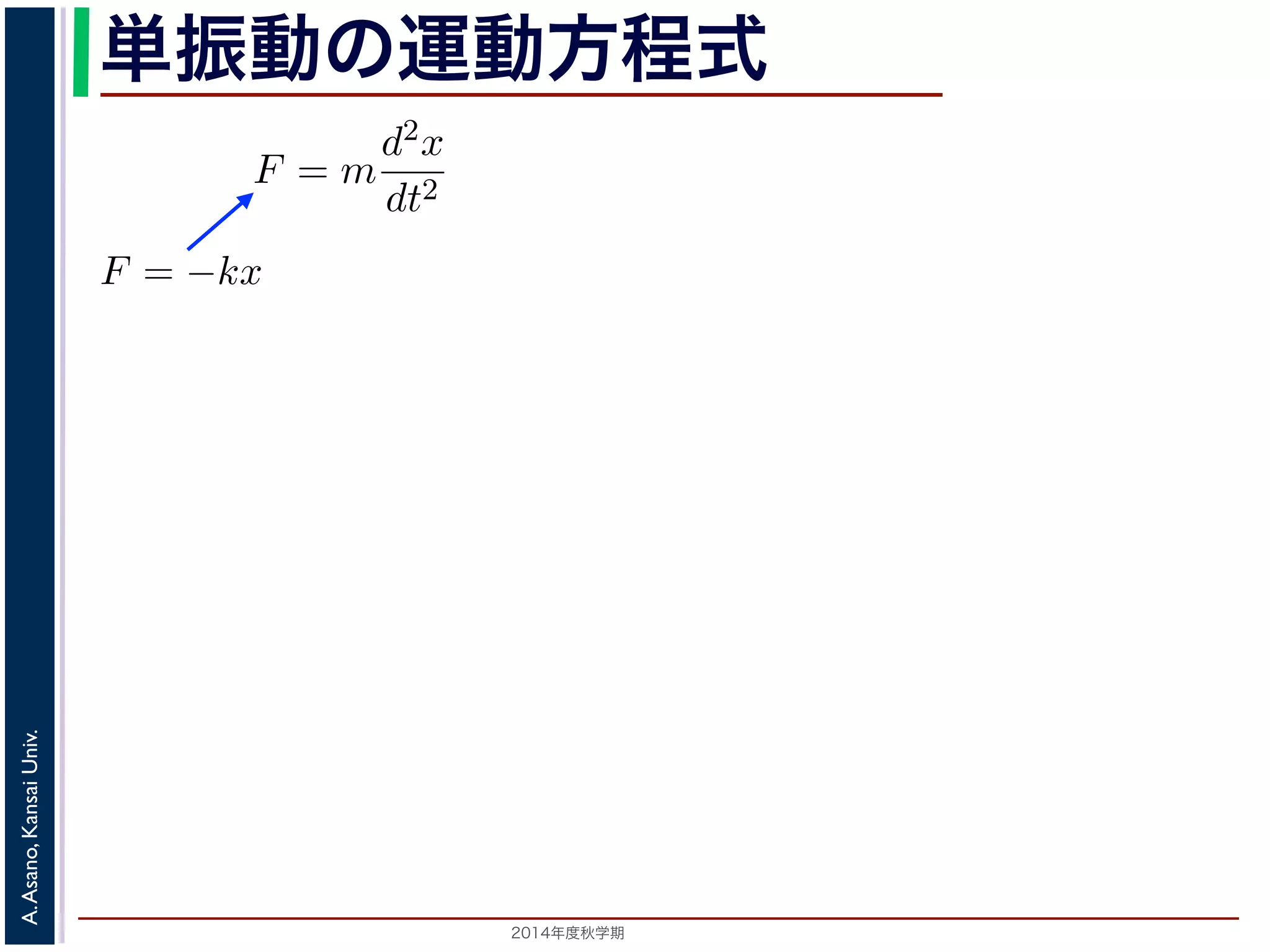 単振動の運動方程式 
り返す現象です。ニュートンの運動方程によれば，質点1 の運動は，質 
をt，働く力をF とすると，加速度が位置の２階微分で表されることから 
F = m 
ます。釣り合い 
力F はF = −kx 
で，マイナスが 
(2) 
Univ. 
Kansai (3) 
Asano, A. 2014年度秋学期　きます。特性方 
d2x 
dt2 
(1) 
。そこで，この方程式で力F がどう表されるかによって，さまざまな振 
したとき，釣り合い位置に戻ろうとする力を復元力といいます。釣り合い 
い位置からの距離に比例する復元力が働くとすると，復元力F はF = −kx 
の定数）。釣り合い位置からの方向と逆向きの力が働くので，マイナスが 
m 
d2x 
dt2 = −kx (2) 
 