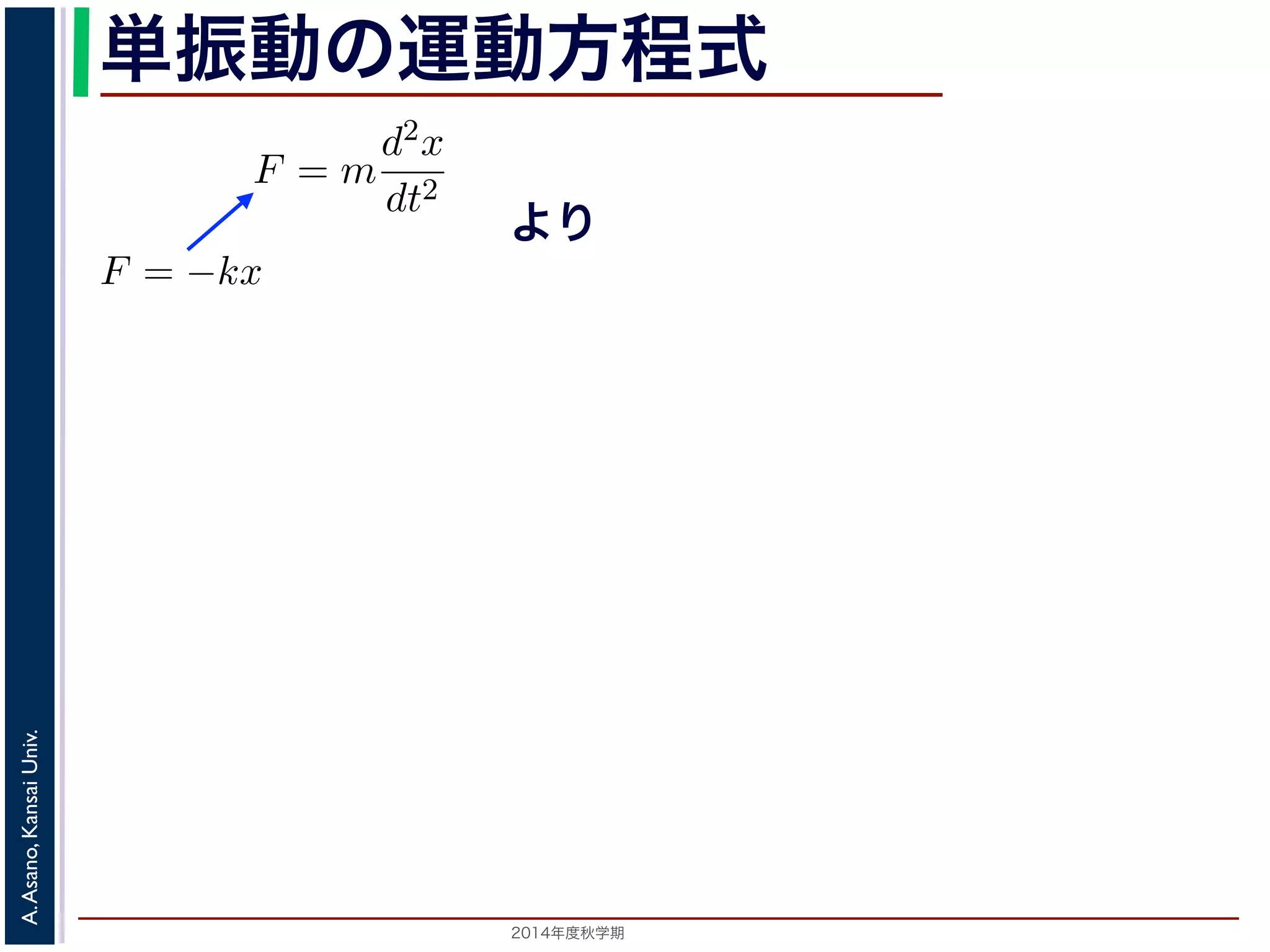 単振動の運動方程式 
り返す現象です。ニュートンの運動方程によれば，質点1 の運動は，質 
をt，働く力をF とすると，加速度が位置の２階微分で表されることから 
F = m 
ます。釣り合い 
力F はF = −kx 
で，マイナスが 
(2) 
より 
Univ. 
Kansai (3) 
Asano, A. 2014年度秋学期　きます。特性方 
d2x 
dt2 
(1) 
。そこで，この方程式で力F がどう表されるかによって，さまざまな振 
したとき，釣り合い位置に戻ろうとする力を復元力といいます。釣り合い 
い位置からの距離に比例する復元力が働くとすると，復元力F はF = −kx 
の定数）。釣り合い位置からの方向と逆向きの力が働くので，マイナスが 
m 
d2x 
dt2 = −kx (2) 
 