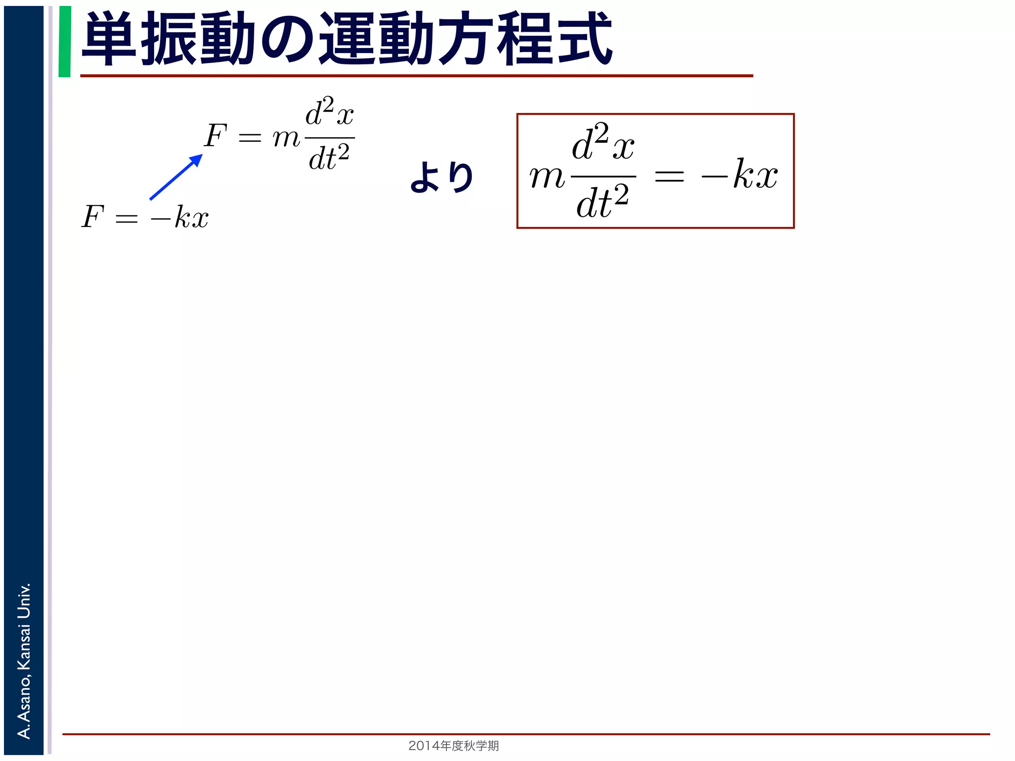 単振動の運動方程式 
り返す現象です。ニュートンの運動方程によれば，質点1 の運動は，質 
をt，働く力をF とすると，加速度が位置の２階微分で表されることから 
動方程式は 
F = m 
d2x 
= −kx ! 
dt2 まより 
0x = 0 斉次形の２階線形微分方程式で，第７回で説明した方法= 0で，特性方程式は２つの虚数解λ = ±iω0 をもちます2014年度秋学期　A. Asano, Kansai Univ. 
m 
k 
m 
とすると 
d2x 
dt2 + ω2 
す。釣り合い 
力F はF = −kx 
で，マイナスが 
(2) 
(3) 
きます。特性方 
d2x 
dt2 
(1) 
。そこで，この方程式で力F がどう表されるかによって，さまざまな振 
したとき，釣り合い位置に戻ろうとする力を復元力といいます。釣り合い 
い位置からの距離に比例する復元力が働くとすると，復元力F はF = −kx 
の定数）。釣り合い位置からの方向と逆向きの力が働くので，マイナスが 
m 
d2x 
dt2 = −kx (2) 
 