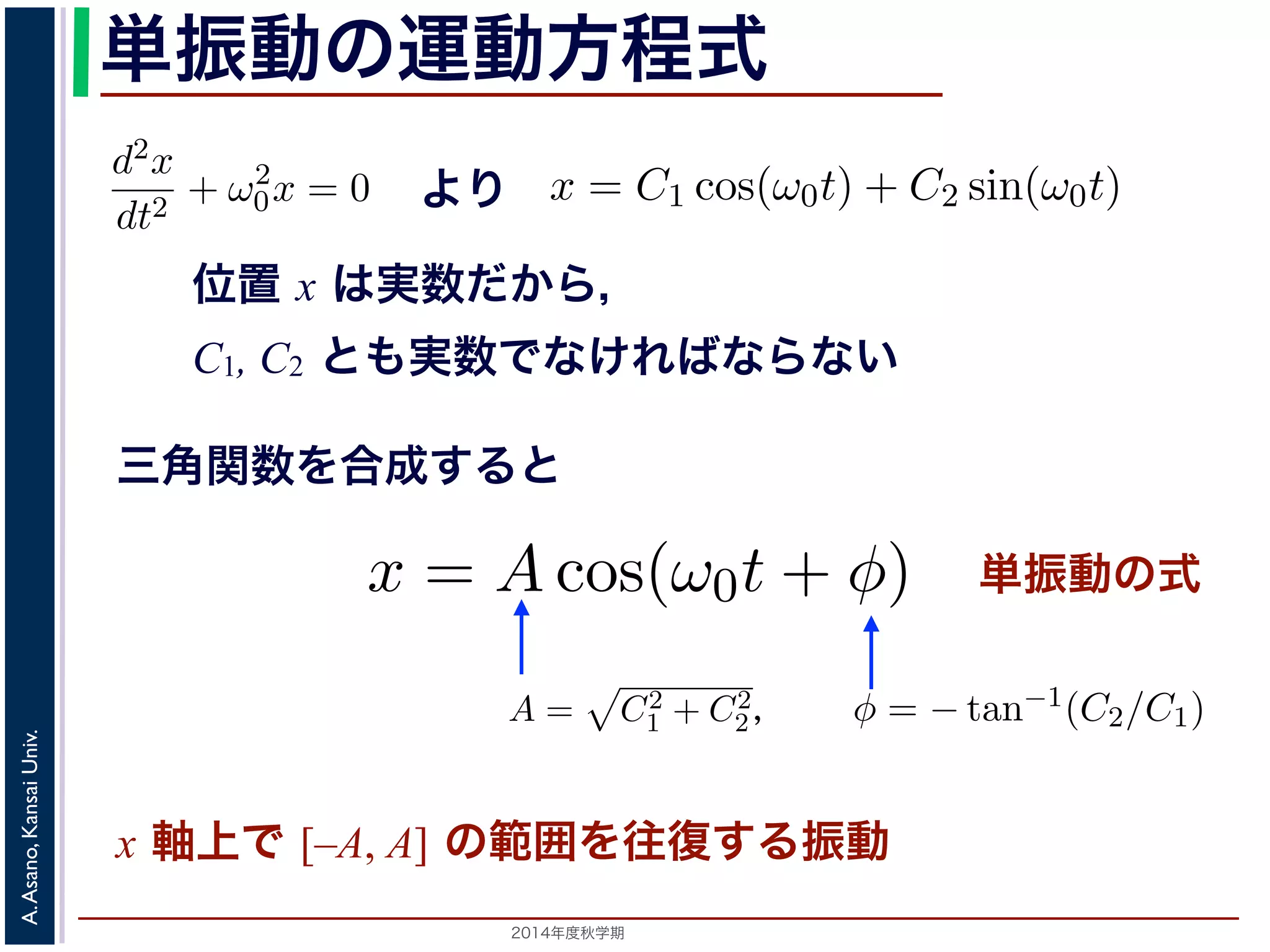 −d2x 
dt2 + ω2 
方程式dt2 は２つの虚数解λ = ±iω0 をもちま= す−kx 。となり，ω0 = 
x = C1 cos(ω0t) + C2 sin(ω0t) 数ですから，C1, C2 はどちらも実数でなければC2 
x = Acos(ω0t + φ) と表されます。 
つまり，質点はx 軸上で[−A,A] の範囲を往復する振動をするいいます。時間を秒の単位で測るとき，はコサインの引数にm 
単振動の運動方程式 
= 0で，特性方程式は２つの虚数解λ = ±iω0 をもdt2 ちます。0 して 
! 
d2x 
= kx dt2 −となり，ω0 = 
m 
! 
k 
とすると 
k 
m 
0x = 0 より 
とすると 
m 
(3) 
A,A] の範囲を往復する振動をすることになで測るとき，ω0 はコサインの引数になっていx = C1 cos(ω0t) + C2 sin(ω0t) れます。位置x は実数ですから，C1, C2 はどちらも実数でなければすると，A = 
0x = 0 となります。 
この方程式は斉次形の２階線形微分方程式で，第７回で説程式はλ2 + ω2 
位置 x は実数だから， 
C1, C2 とも実数でなければならない 
λ2 + ω2 
d2x 
dt2 + ω2 
0x = 0 となります。 
この方程式は斉次形の２階線形微分方程式で，第７回で説明し程式はλ2 + ω2 
" 
C2 
d2x 
dt2 + ω2 
1 + C2 
2，φ = −tan−1(C2/C1) として 
分方程式で，第７回で説明した方法で解くことができます。特性方 
２つの虚数解λ = ±iω0 をもちます。よって，一般解はC1, C2 を 
2，φ = −tan−1(C2/C1) として 
x = Acos(ω0t + φ) れます。 
り，質点はx 軸上で[−A,A] の範囲を往復する振動をすることになりす。時間t を秒の単位で測るとき，ω0 はコサインの引数になっているを表し，角振動数とよばれます。また，１往復に必要な時間は，角度ですから2π/ω0 で，これを周期といいます。さらに，１秒間に往復ω0/0 = 0で，特性方程式は２つの虚数解λ = ±iω0 定数として 
三角関数を合成すると 
0 = 0で，特性方程式は２つの虚数解λ = ±iω0 をも定数として 
単振動の式 
x = C1 cos(ω0t) + C2 sin(ω0t) (4) 
ら，C1, C2 はどちらも実数でなければなりません。また，三角関数 
−x = Acos(ω0t + φ) [−x = C1 cos(ω0t) + C2 と表されます。位置x は実数ですから，C1, C2 はどちらもを合成すると，A = 
x = C1 cos(ω0t) + C2 sin(ω0t) と表されます。位置x は" 
実数ですから，C1, C2 はどちらも実数でを合成すると，A = 
C2 
tan−1(C2/C1) として 
" 
C2 
x = Acos(ω0t + φ) (5) 
1 + C2 
2，φ = −tan−1(C2/C1) としx = Acos(ω0t + と表されます。 
つまり，質点はx 軸上で[−A,A] の範囲を往復する振動をx 2014年度秋学期　A. Asano, Kansai Univ. 
1 + C2 
2，φ = −tan−1(C2/C1) として 
軸上で [–A, A] の範囲を往復する振動 
2π で，これを振動数といいます。A は振幅といいます。 
の範囲を往復する振動をすることになります。こ運動を単振動と 
き，はコサインの引数になっている角度が１秒間に何ラジアン 
 