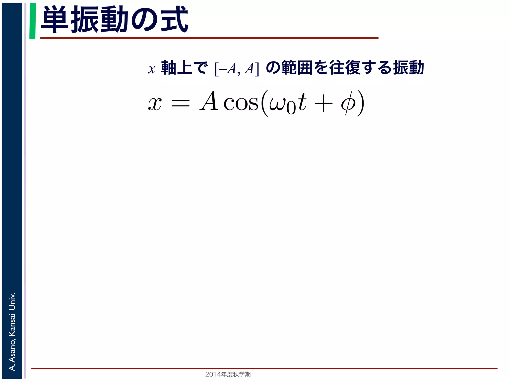数です単か振ら動，C1, の式 
C2 はどちらも実数でなければC2 
2，φ = −tan−1(C2/C1) として 
x 軸上で [–A, A] の範囲を往復する振動 
x = Acos(ω0t + φ) [−A,A] の範囲を往復する振動をすることになで測るとき，ω0 はコサインの引数になっていばれます。また，１往復に必要な時間は，角度これUniv. 
Kansai を周期といいます。さらに，１秒間に往復数とAsano, いいます。A は振幅といいます。 
A. 2014年度秋学期　 