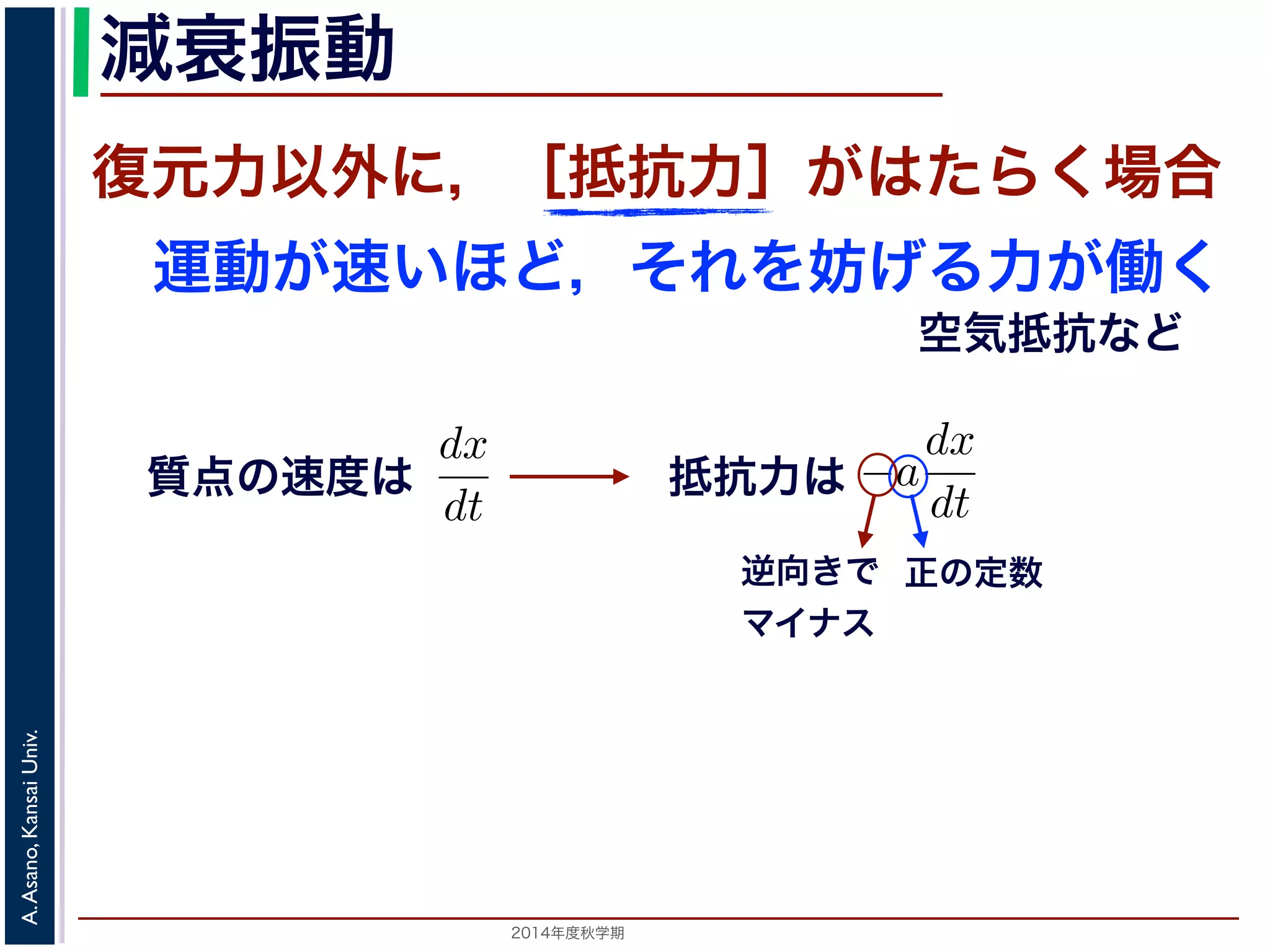 減衰振動 
減衰振動 
前節では，質点は復元力以外の力を受けないと考えましたいほど，それをより妨げようとするが働く場合を考えますがこれにあたります。 
質点の速度はdx 
復元力以外に，［抵抗力］がはたらく場合 
運動が速いほど，それを妨げる力が働く 
力以外の力を受けないと考えましたが，それ以外に，質点の運動がようとする力が働く場合を考えます。この力は抵抗力とよばれ，空されますから，抵抗力はa を正の定数として−a 
で表されますから，抵抗力はa を正の定動方程式は 
2014年度秋学期　A. Asano, Kansai Univ. 
空気抵抗など 
質点の速度は 
dt 
逆向きで 正の定数 
マイナス 
m 
d2x 
dt2 = −kx − a 
となります。ここで，μ = 
a 
2m 
とおきます。μ は抵抗係数とると， 
d2x 
dx 
抵抗力は 
dx 
dt 
で表されます。m 
d2x 
dt2 = −kx − a 
dx 
dt 
a 
2m 
とおきます。μ は抵抗係数とよばれる定数です。さらに前節d2x 
dx 
 
