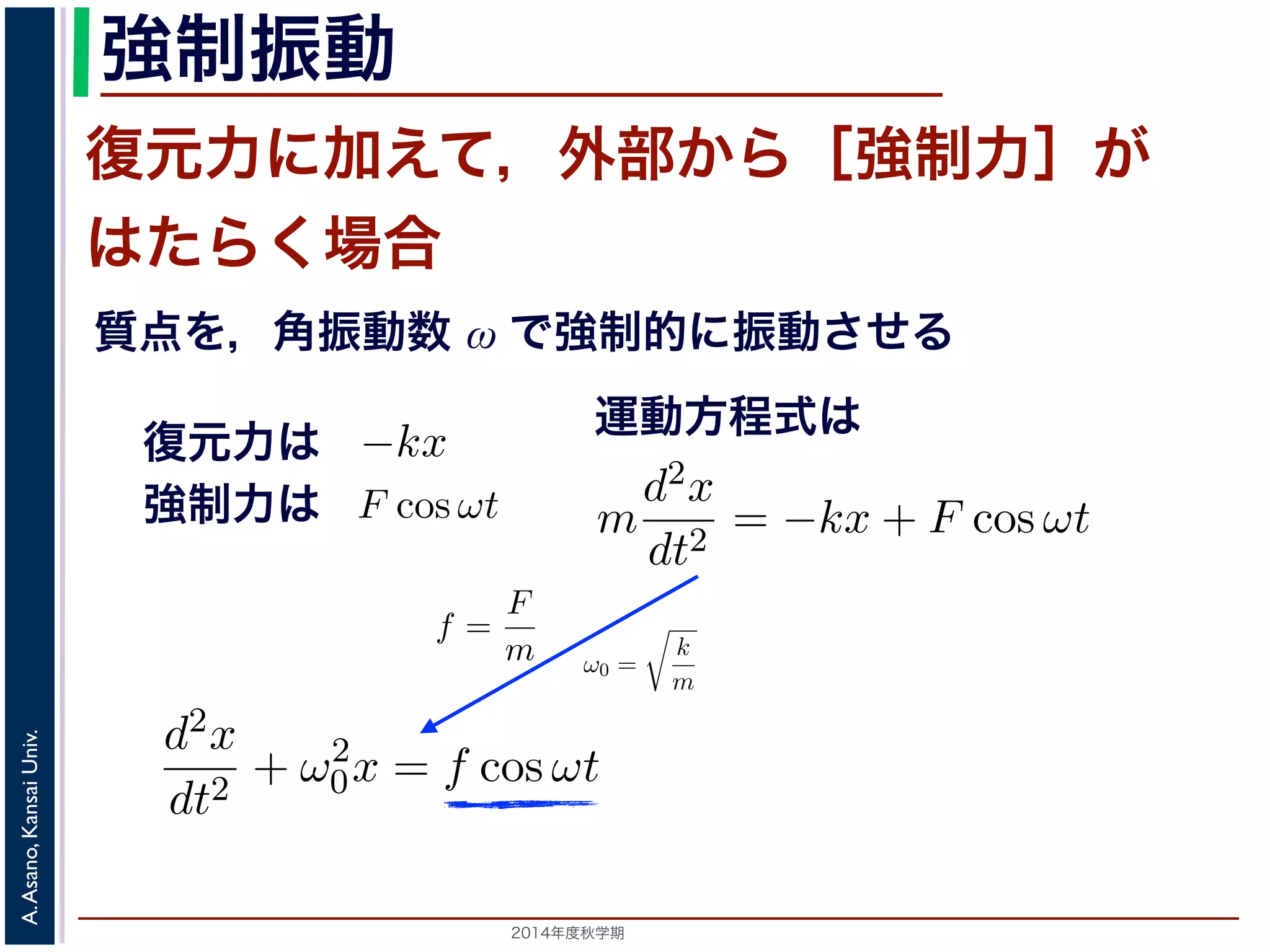 この運動は，前節の単振動と比べると，振幅が一定値ではなくAe−とれて小さくなっていきます。この運動を減衰振動といいます。 
強制振動 
復元力に加えて，外部から［強制力］が 
はたらく場合 
質点を，角振動数 ω で強制的に振動させる 
振動は，「ある方向に進めば進むほど，逆向きに進もうとする力が働く」から両方に交互に進む動作を繰り返す現象です。ニュートンの運動方程式点の位置をx，質量をm，時刻をt，働く力をF とすると，加速度が位置のF = m 
共鳴 
る質点に，さらに外部から力が働いておきる振動を強制振動とい。 
は，強制力がF cos ωt である場合を考えます。これは，質点を強相当します。復元力と強制力を合わせると−kx + F cos ωt なのでm 
とら力が働いておきる振動を強制振動といい，外部からの力を強制ある場合を考えます。これは，質点を強制的に角振動数ω で振動制力を合わせると−kx + F cos ωt なので，運動方程式は 
d2x 
= −kx + F cos ωt dt2 期）　第１１回(2014. 12. 11) http://racco.mikeneko.jp/　2/3 ペ制振動と共鳴 
振動する質点に，さらに外部から力が働いておきる振動を強制振動といいいます。 
ここでは，強制力がF cos ωt である場合を考えます。これは，質点を強制ことに相当します。復元力と強制力を合わせると−kx + F cos ωt なので，m 
d2x 
dt2 = −kx + F cos ωt 応用数学（解析）（2014 年度秋学期）　第１１回(2014. 12. 11) http://運復元力は 
d2x 
= −kx dt2 となり，d2x 
ω0 = 
= −kx + F cos ωt dt2 野　晃／応用数学（解析）（2014 年度秋学期）　第１１回(2014. 12. 11) http://らに前々節のω0 を用いると，この方程式は 
Univ. 
0x = f cos ωt Kansai と表されます。この方程式は非斉次形２階線形微分方程式です。対応すAsano, 式と同じで，その一般解はx = Acos(ω0t + φ) です。 
A. 一方，非斉次形の2014方年度程秋学式期　の特殊解を求めるため，x = C cos ωt とおいd2x 
dt2 
という微分方程式で表されます。そこで，この方程式で力F がどう表され動を分析することができます。 
単振動 
質点が釣り合い位置から変位したとき，釣り合い位置に戻ろうとする力を位置を原点とするとき，釣り合い位置からの距離に比例する復元力が働くとと表すことができます（k は正の定数）。釣り合い位置からの方向と逆向きついています。 
このとき，運動方程式は 
m 
! 
k 
m 
とすると 
d2x 
dt2 + ω2 
0x = 0 となります。 
この方程式は斉次形の２階線形微分方程式で，第７回で説明した方法で程式はλ2 + ω2 
0 = 0で，特性方程式は２つの虚数解λ = ±iω0 をもちます定数として 
強制力は 
m 
動方程式は 
となります。f = 
F 
m 
とおき，さらに前々節のω0 を用いると，この方程d2x 
dt2 + ω2 
d2x 
dt2 + ω2 
0x = f cos ωt 斉次形２階線形微分方程式です。対応する斉次形の方程式は前々Acos(ω0t + φ) です。 
 