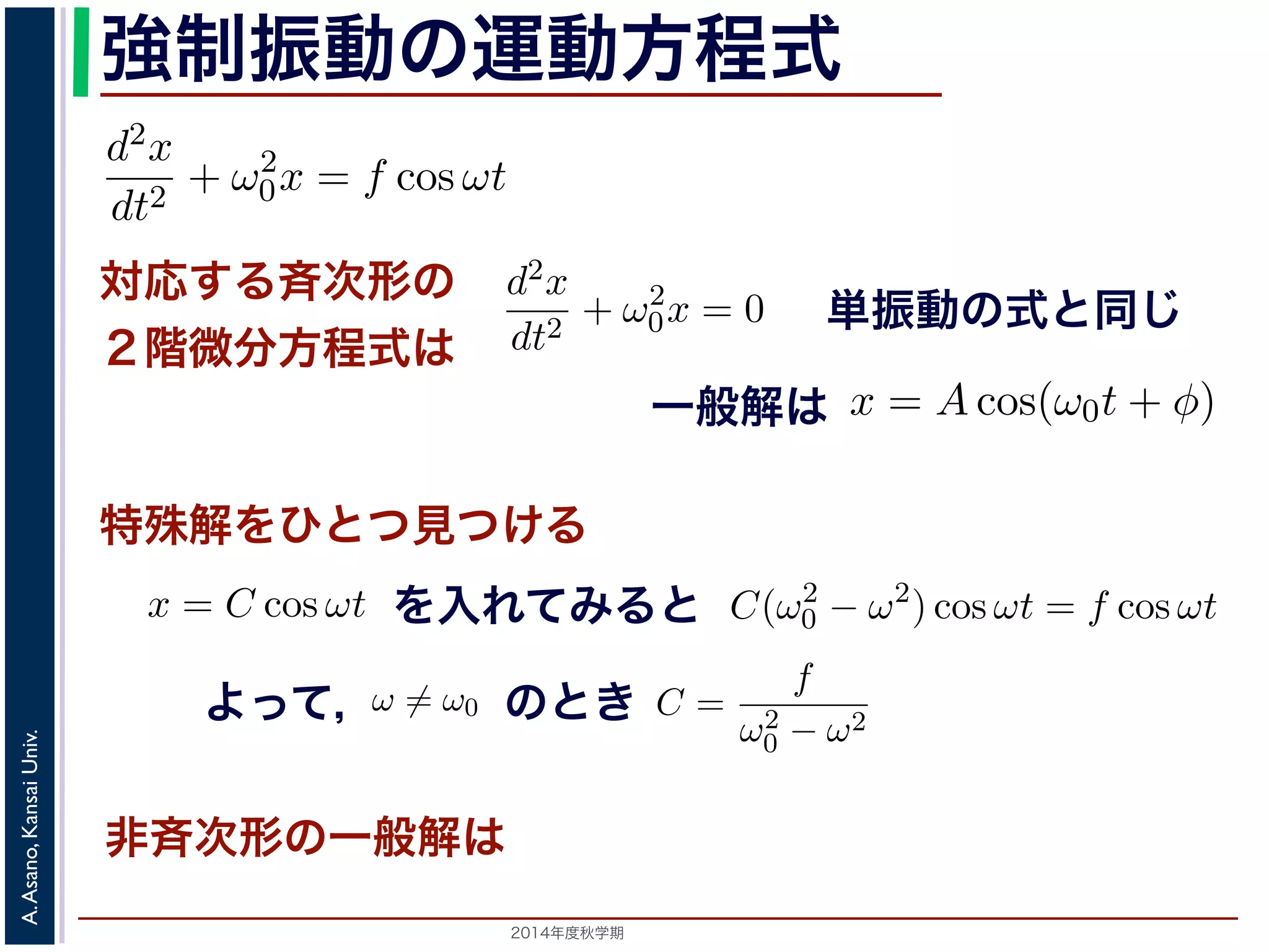 程式はλ2 + ω2 
0 = 0で，特性方程式は２つの虚数解λ = ±iω0 を定数として 
強制振動となのりま運す。動f = 
方程式 
となります。F 
d2x 
F 
f = 
となります。f = 
m 
dt2 m 
= −kx ! 
とおき，さらに前々節のω0 を用いると，d2x 
とおき，さらに前々節のω0 を用いると，この方程式d2x 
x = C1 cos(ω0t) + C2 sin(ω0t) と表されます。位置x は実数ですから，C1, C2 はどちらも実数でを合成すると，A = 
0x = f cos ωt と表されます。この方程式は非斉次形２階線形微分方程式です式と同じで，その一般解はx = Acos(ω0t + φ) です。 
一方，非斉次形の方程式の特殊解を求めるため，x = C cos −節のω0 を用いると，この方程式は 
対応する斉次形の 
２階微分方程式は 
" 
C2 
dt2 + ω2 
1 + C2 
2，φ = −tan−1(C2/C1) として 
d2x 
dt2 + ω2 
0x = f cos ωt (11) 
x = Acos(ω0t + φ) と表されます。 
つまり，質点はx 軸上で[−A,A] の範囲を往復する振動をするいいます。時間t を秒の単位で測るとき，ω0 はコサインの引数に進むかを表し，角振動数とよばれます。また，１往復に必要な時な時間ですから2π/ω0 で，これを周期といいます。さらに，１秒わちω0/2π で，これを振動数といいます。A は振幅といいます。 
線形微分方程式です。対応する斉次形の方程式は前々節の(3) 
+ φ) で特す殊。 
解をひとつ見つける 
るため，x = C cos ωt とおいて(11) 式に代入すると 
ωt + ω2 
ω2) 0 − cos ωt = となをり入ますれ。 
てみると 
ω̸= ω0 のとき，C = 
Cω2 cos ωt + ω2 
0C cos ωt = C(ω2 
f 
ω2 
− ω2 cos ωt よ0C cos ωt = f cos ωt 
のとき 
2014年度秋学期　A. Asano, Kansai Univ. 
単振動の式と同じ 
に前々節のω0 を用いると，この方程式は 
d2x 
dt2 + ω2 
0x = f cos ωt (11) 
次形２階線形微分方程式です。対応する斉次形の方程式は前々節の(3) 
Acos(ω0t + φ) です。 
解を求めるため，x = C cos ωt とおいて(11) 式に代入すると 
Cω2 cos ωt + ω2 
0C cos ωt = f cos ωt 
C(ω2 
0 − ω2) cos ωt = f cos ωt 
(12) 
一般解は 
C(ω2 
0 − ω2) cos ωt = f cos ωt 
ω2 
0 − ω2 です。よって，(11) 式の非斉x = Acos(ω0t + φ) + 
す。よって，(11) 式の非斉次形方程式の一般解は 
非斉次形の一般解は 
ω2 
0 − ω2 となります。 
f 
運動方程式は 
m 
k 
m 
とすると 
d2x 
dt2 + ω2 
0x = 0 は斉次形の２階線形微分方程式で，第７回で説明した方法で解くことができ= 0で，特性方程式は２つの虚数解λ = ±iω0 をもちます。よって，一般x = C1 cos(ω0t) + C2 sin(ω0t) 。位置" 
x は実数ですから，C1, C2 はどちらも実数でなければなりません。ま，A = 
C2 
1 + C2 
2，φ = −tan−1(C2/C1) として 
x = Acos(ω0t + φ) 。 
(12) 
って，(11) 式の非斉次形方程式の一般解は 
dt2 + ω2 
0x = f cos ωt と表されます。この方程式は非斉次形２階線形微分方程式です。対応する式と同じで，その一般解はx = Acos(ω0t + φ) です。 
一方，非斉次形の方程式の特殊解を求めるため，x = C cos ωt とおいて−Cω2 cos ωt + ω2 
0C cos ωt = f cos ωt 
C(ω2 
0 − ω2) cos ωt = f cos ωt 
となります。 
ω̸= ω0 のとき，C = 
f 
です。よって，(11) 式の非斉次形方程式ω2 
− ω2 0 f 
x = Acos(ω0t + φ) + 
って， 
F 
m 
とおき，さらに前々節のω0 を用いるd2x 
dt2 + ω2 
0x = f cos と表されます。この方程式は非斉次形２階線形微分方程式式と同じで，その一般解はx = Acos(ω0t + φ) です。 
一方，非斉次形の方程式の特殊解を求めるため，x = C −Cω2 cos ωt + ω2 
0C cos ωt C(ω2 
ω2) 0 − cos ωt となります。 
ω̸= ω0 ，f 
C = 
です。よって，(11) 式のω2 
− ω2 0 f 
x = Acos(ω0t + φ) + 
ω2 
0 となります。 
 