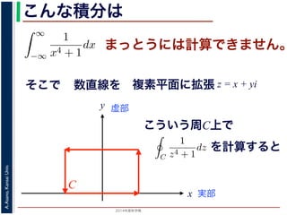 2014年度秋学期 
A.Asano,KansaiUniv.
こんな積分は
まっとうには計算できません。
そこで
積分
∞
−∞
1
x4 + 1
dx を求めることを考えます。そのために，
の
1
z4 + 1
の積分が，実軸上以外では r → 0 のとき 0 になる
上では |z| r であることを用います。
辺では
r+ri
r
1
z4 + 1
dz
r+ri
r
1
|z|4 + 1
d|z|
r
0
1
r4 + 1
dy =
r
r4 + 1
∞
1 π
x
数直線を
実部
y 虚部
複素平面に拡張 z = x + yi
こういう周C上で
C
=
(1+i√
2
−
=
−1 −
4
√
2
となり，同様に Res(
−1 + i
√
2
; f) =
1 − i
4
√
2
となり
よって，(25) 式より，
1
2πi C
f(z)dz = Res(
1
で，すなわち
C
1
z4 + 1
dz =
π
√
2
が得られます
浅野 晃／応用数学（解析）（2013 年度春学期） 第１３回
を計算すると
 