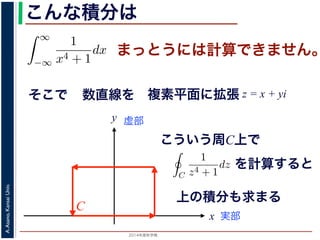 2014年度秋学期 
A.Asano,KansaiUniv.
こんな積分は
まっとうには計算できません。
そこで
積分
∞
−∞
1
x4 + 1
dx を求めることを考えます。そのために，
の
1
z4 + 1
の積分が，実軸上以外では r → 0 のとき 0 になる
上では |z| r であることを用います。
辺では
r+ri
r
1
z4 + 1
dz
r+ri
r
1
|z|4 + 1
d|z|
r
0
1
r4 + 1
dy =
r
r4 + 1
∞
1 π
x
数直線を
実部
y 虚部
複素平面に拡張 z = x + yi
こういう周C上で
C
=
(1+i√
2
−
=
−1 −
4
√
2
となり，同様に Res(
−1 + i
√
2
; f) =
1 − i
4
√
2
となり
よって，(25) 式より，
1
2πi C
f(z)dz = Res(
1
で，すなわち
C
1
z4 + 1
dz =
π
√
2
が得られます
浅野 晃／応用数学（解析）（2013 年度春学期） 第１３回
を計算すると
上の積分も求まる
 