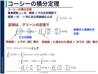 2014年度秋学期 
A.Asano,KansaiUniv.
コーシーの積分定理
複素関数 f(z) が，領域 D での正則関数で
経路 C が， D 内にある閉曲線ならば
コーシーの積分定理
証明は，グリーンの定理で
C
f(z)dz =
0 dt
dt
= F(z(1)) − F(z(0)) = F(b) − F(a)
(14)
線なら，始点も終点も同じですから，経路によらず
C
f(z)dz = 0 である
ことをより一般的に表したのが，下記のコーシーの積分定理です。
度秋学期） 第１２回 (2014. 12. 18) http://racco.mikeneko.jp/  4/5 ページ
閉曲線 C 上での（線）積分
必ず存在することがわかります。したがって，正則関数の微分は正則関数で，つまり正
微分できることがわかります。なお，経路 C が閉曲線であることを強調する時には，
)dz と書きます。
分定理の証明には，グリーン (Green) の定理が用いられます。これは，２次元の関
があるとき，その閉曲線 C に沿った積分（線積分）と，C で囲まれた領域 D′ での積
C
(Pdx + Qdy) =
D′
∂Q
∂x
−
∂P
∂y
dxdy (
換できる，というものです。
と，f(z) = u(x, y) + iv(x, y) とするとき
C
f(z)dz =
C
{u(x, y) + iv(x, y)}(dx + idy)
=
C
(udx − vdy) + i
C
(vdx + udy)
=
D′
−
∂v
∂x
−
∂u
∂y
dxdy + i
D′
∂u
∂x
−
∂v
∂y
dxdy
(
２次元関数
閉曲線 C に囲まれた領域 D´ 内での（面）積分
と，その前に説明した定理をあわせると，正則関数 f(z) に対しては F′(z) = f(z) となる正
が必ず存在することがわかります。したがって，正則関数の微分は正則関数で，つまり正則
でも微分できることがわかります。なお，経路 C が閉曲線であることを強調する時には，こ
f(z)dz と書きます。
の積分定理の証明には，グリーン (Green) の定理が用いられます。これは，２次元の関数
x, y) があるとき，その閉曲線 C に沿った積分（線積分）と，C で囲まれた領域 D′ での積分
が
C
(Pdx + Qdy) =
D′
∂Q
∂x
−
∂P
∂y
dxdy (15)
で交換できる，というものです。
いると，f(z) = u(x, y) + iv(x, y) とするとき
C
f(z)dz =
C
{u(x, y) + iv(x, y)}(dx + idy)
=
C
(udx − vdy) + i
C
(vdx + udy)
=
D′
−
∂v
∂x
−
∂u
∂y
dxdy + i
D′
∂u
∂x
−
∂v
∂y
dxdy
(16)
と，その前に説明した定理をあわせると，正則関数 f(z) に対しては F′(z) = f(z) となる正
が必ず存在することがわかります。したがって，正則関数の微分は正則関数で，つまり正則
でも微分できることがわかります。なお，経路 C が閉曲線であることを強調する時には，こ
f(z)dz と書きます。
の積分定理の証明には，グリーン (Green) の定理が用いられます。これは，２次元の関数
y) があるとき，その閉曲線 C に沿った積分（線積分）と，C で囲まれた領域 D′ での積分
C
(Pdx + Qdy) =
D′
∂Q
∂x
−
∂P
∂y
dxdy (15)
で交換できる，というものです。
いると，f(z) = u(x, y) + iv(x, y) とするとき
C
f(z)dz =
C
{u(x, y) + iv(x, y)}(dx + idy)
=
C
(udx − vdy) + i
C
(vdx + udy)
=
D′
−
∂v
∂x
−
∂u
∂y
dxdy + i
D′
∂u
∂x
−
∂v
∂y
dxdy
(16)
ー・リーマンの関係式より実部・虚部ともに 0 となります。■
として
線積分と面積分を
交換
 