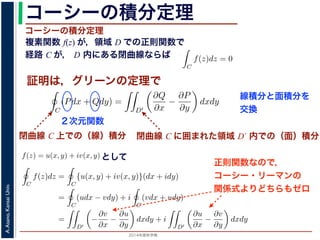 2014年度秋学期 
A.Asano,KansaiUniv.
コーシーの積分定理
複素関数 f(z) が，領域 D での正則関数で
経路 C が， D 内にある閉曲線ならば
コーシーの積分定理
証明は，グリーンの定理で
C
f(z)dz =
0 dt
dt
= F(z(1)) − F(z(0)) = F(b) − F(a)
(14)
線なら，始点も終点も同じですから，経路によらず
C
f(z)dz = 0 である
ことをより一般的に表したのが，下記のコーシーの積分定理です。
度秋学期） 第１２回 (2014. 12. 18) http://racco.mikeneko.jp/  4/5 ページ
閉曲線 C 上での（線）積分
必ず存在することがわかります。したがって，正則関数の微分は正則関数で，つまり正
微分できることがわかります。なお，経路 C が閉曲線であることを強調する時には，
)dz と書きます。
分定理の証明には，グリーン (Green) の定理が用いられます。これは，２次元の関
があるとき，その閉曲線 C に沿った積分（線積分）と，C で囲まれた領域 D′ での積
C
(Pdx + Qdy) =
D′
∂Q
∂x
−
∂P
∂y
dxdy (
換できる，というものです。
と，f(z) = u(x, y) + iv(x, y) とするとき
C
f(z)dz =
C
{u(x, y) + iv(x, y)}(dx + idy)
=
C
(udx − vdy) + i
C
(vdx + udy)
=
D′
−
∂v
∂x
−
∂u
∂y
dxdy + i
D′
∂u
∂x
−
∂v
∂y
dxdy
(
２次元関数
閉曲線 C に囲まれた領域 D´ 内での（面）積分
と，その前に説明した定理をあわせると，正則関数 f(z) に対しては F′(z) = f(z) となる正
が必ず存在することがわかります。したがって，正則関数の微分は正則関数で，つまり正則
でも微分できることがわかります。なお，経路 C が閉曲線であることを強調する時には，こ
f(z)dz と書きます。
の積分定理の証明には，グリーン (Green) の定理が用いられます。これは，２次元の関数
x, y) があるとき，その閉曲線 C に沿った積分（線積分）と，C で囲まれた領域 D′ での積分
が
C
(Pdx + Qdy) =
D′
∂Q
∂x
−
∂P
∂y
dxdy (15)
で交換できる，というものです。
いると，f(z) = u(x, y) + iv(x, y) とするとき
C
f(z)dz =
C
{u(x, y) + iv(x, y)}(dx + idy)
=
C
(udx − vdy) + i
C
(vdx + udy)
=
D′
−
∂v
∂x
−
∂u
∂y
dxdy + i
D′
∂u
∂x
−
∂v
∂y
dxdy
(16)
と，その前に説明した定理をあわせると，正則関数 f(z) に対しては F′(z) = f(z) となる正
が必ず存在することがわかります。したがって，正則関数の微分は正則関数で，つまり正則
でも微分できることがわかります。なお，経路 C が閉曲線であることを強調する時には，こ
f(z)dz と書きます。
の積分定理の証明には，グリーン (Green) の定理が用いられます。これは，２次元の関数
y) があるとき，その閉曲線 C に沿った積分（線積分）と，C で囲まれた領域 D′ での積分
C
(Pdx + Qdy) =
D′
∂Q
∂x
−
∂P
∂y
dxdy (15)
で交換できる，というものです。
いると，f(z) = u(x, y) + iv(x, y) とするとき
C
f(z)dz =
C
{u(x, y) + iv(x, y)}(dx + idy)
=
C
(udx − vdy) + i
C
(vdx + udy)
=
D′
−
∂v
∂x
−
∂u
∂y
dxdy + i
D′
∂u
∂x
−
∂v
∂y
dxdy
(16)
ー・リーマンの関係式より実部・虚部ともに 0 となります。■
として
正則関数なので，
コーシー・リーマンの
関係式よりどちらもゼロ
線積分と面積分を
交換
 