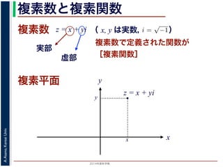 2014年度秋学期 
A.Asano,KansaiUniv.
複素数と複素関数
複素数で定義された関数が
［複素関数］
複素数
虚部
実部
z = x + yi
数
どんな２次方程式でも必ず解が存在するように，i =
√
−1 として x + yi（x, y
数として導入されたものです。複素数に対して定義された関数が複素関数です
+ yi について，x を実部，y を虚部といいます。複素数や複素関数は，実部を
軸（虚軸）であらわす複素平面（ガウス平面）で考えると理解しやすくなります
数は，複素平面でのひとつの点で表されます。図 1 に示すように，複素数 z は，
さ r と，原点からその点に向かう直線と実軸とがなす角 θ を使って，z = r(cos θ
きます。r を複素数 z の絶対値，θ を偏角といいます。なお，２つの複素数の間
がありますが，複素数そのものの間には大小関係はありません。
数の指数関数 ex をテイラー展開すると，
ex
= 1 +
x
1!
+
x2
2!
+ · · · +
xn
n!
+ · · ·
れにならって，複素数 z について指数関数 ez を
2 n
（ x, y は実数，   ）
複素平面
x
y
・
z = x + yi
x
y
 