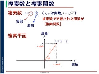 2014年度秋学期 
A.Asano,KansaiUniv.
複素数と複素関数
複素数で定義された関数が
［複素関数］
複素数
虚部
実部
z = x + yi
数
どんな２次方程式でも必ず解が存在するように，i =
√
−1 として x + yi（x, y
数として導入されたものです。複素数に対して定義された関数が複素関数です
+ yi について，x を実部，y を虚部といいます。複素数や複素関数は，実部を
軸（虚軸）であらわす複素平面（ガウス平面）で考えると理解しやすくなります
数は，複素平面でのひとつの点で表されます。図 1 に示すように，複素数 z は，
さ r と，原点からその点に向かう直線と実軸とがなす角 θ を使って，z = r(cos θ
きます。r を複素数 z の絶対値，θ を偏角といいます。なお，２つの複素数の間
がありますが，複素数そのものの間には大小関係はありません。
数の指数関数 ex をテイラー展開すると，
ex
= 1 +
x
1!
+
x2
2!
+ · · · +
xn
n!
+ · · ·
れにならって，複素数 z について指数関数 ez を
2 n
（ x, y は実数，   ）
複素平面
実軸
x
y
虚軸
・
z = x + yi
x
y
r
θ
r cosθ
r sinθ
 