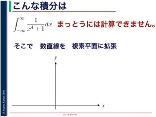 2014年度秋学期 
A.Asano,KansaiUniv.
こんな積分は
まっとうには計算できません。
そこで
積分
∞
−∞
1
x4 + 1
dx を求めることを考えます。そのために，
の
1
z4 + 1
の積分が，実軸上以外では r → 0 のとき 0 になる
上では |z| r であることを用います。
辺では
r+ri
r
1
z4 + 1
dz
r+ri
r
1
|z|4 + 1
d|z|
r
0
1
r4 + 1
dy =
r
r4 + 1
∞
1 π
x
数直線を
y
複素平面に拡張
 