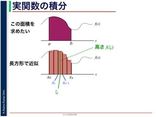 2014年度秋学期 
A.Asano,KansaiUniv.
実関数の積分
この面積を
求めたい
f(x)
x
f(x)
x
x0
長方形で近似
高さ f(ξi)
a b
xn
xi xi+1
ξi
 