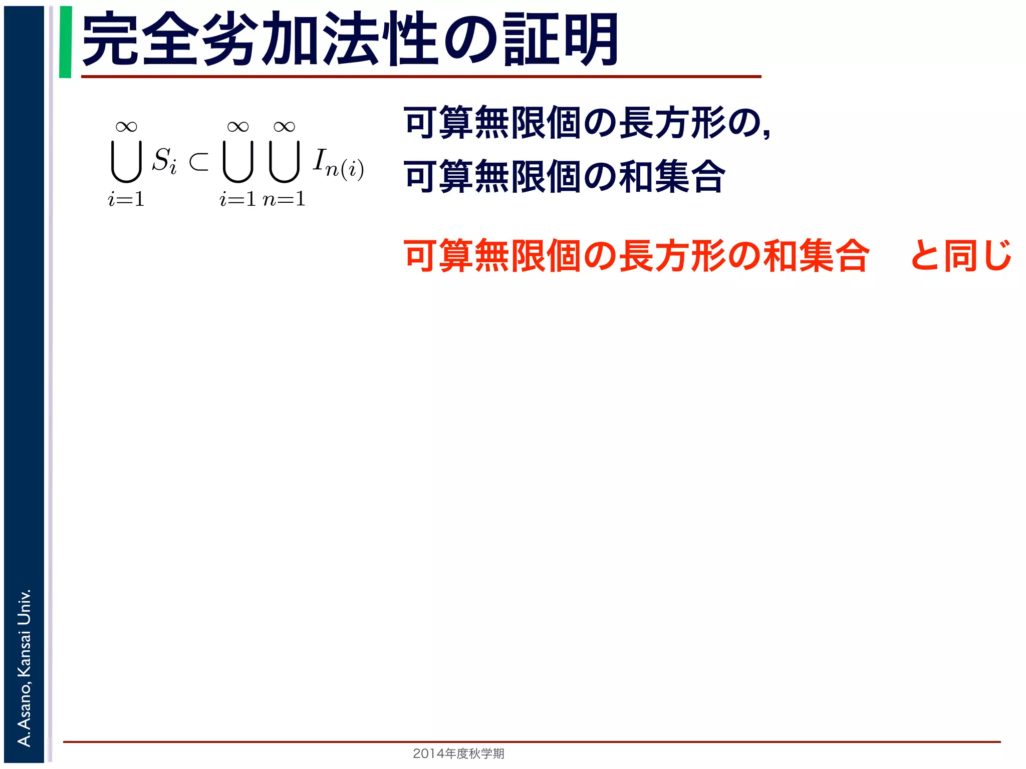 2014年度秋学期 
A.Asano,KansaiUniv.
完全劣加法性の証明
す 3。
ると，
∞
i=1
Si ⊂
∞
i=1
∞
n=1
In(i) (2)
可算無限個の長方形の可算無限個の和集合」になっていますが，これは
と同じです 4。そこで，
∞
=1
Si)
∞
i=1
∞
n=1
|In(i)|
<
∞
i=1
m∗
(Si) +
ε
2i
（(1) 式より）
=
∞
i=1
m∗
(Si) + ε
(3)
らでも小さくできるので，性質３がなりたちます。■
測度」の形で定義されます。すなわち，S を内部に含む長方形 J を考え
可算無限個の長方形の，
可算無限個の和集合
可算無限個の長方形の和集合 と同じ
 
