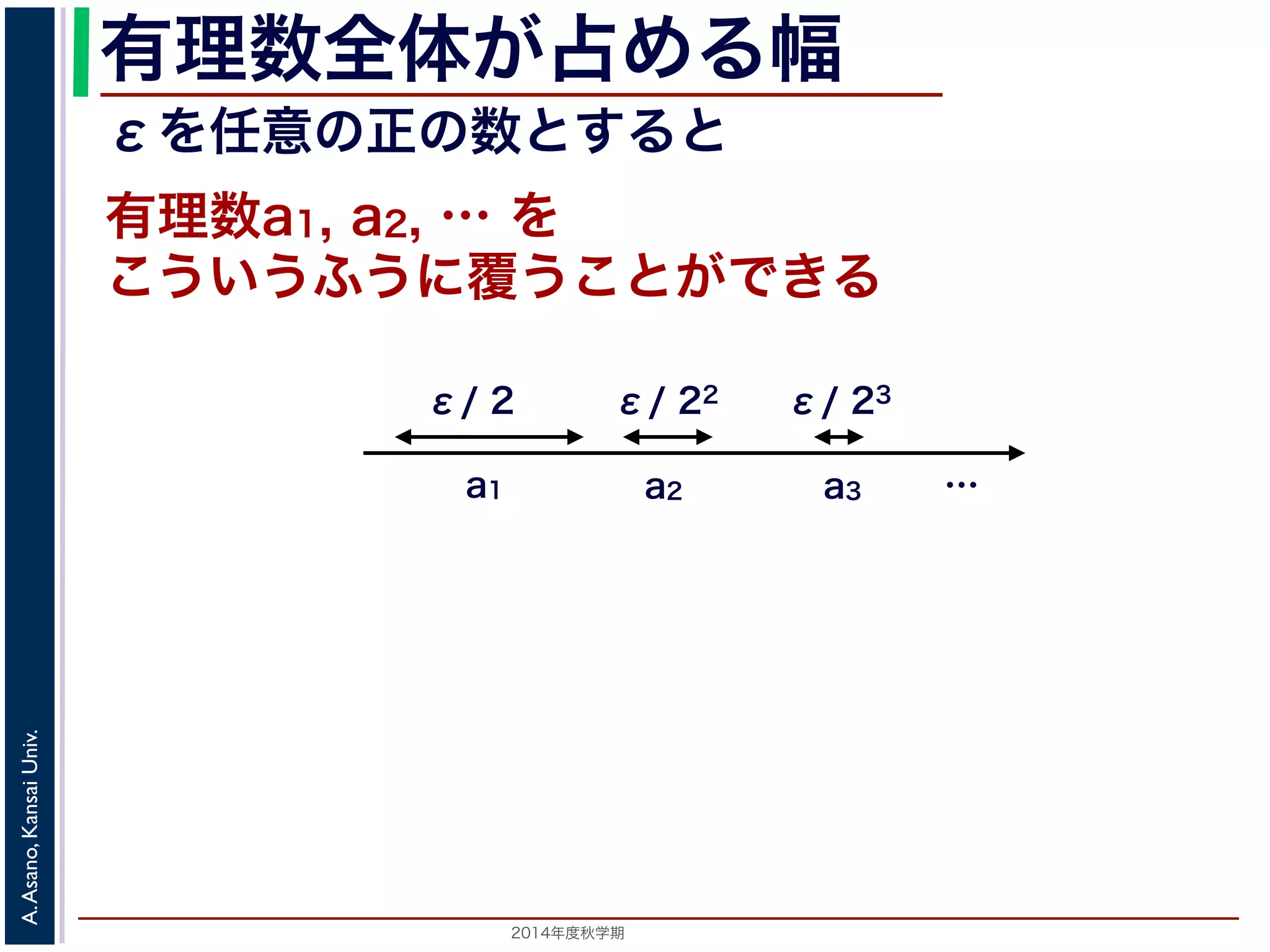 2014年度秋学期 
A.Asano,KansaiUniv.
有理数全体が占める幅
こういうふうに覆うことができる
有理数a1, a2, … を
a1 a2 a3
ε/ 2 ε/ 22 ε/ 23
εを任意の正の数とすると
…
 