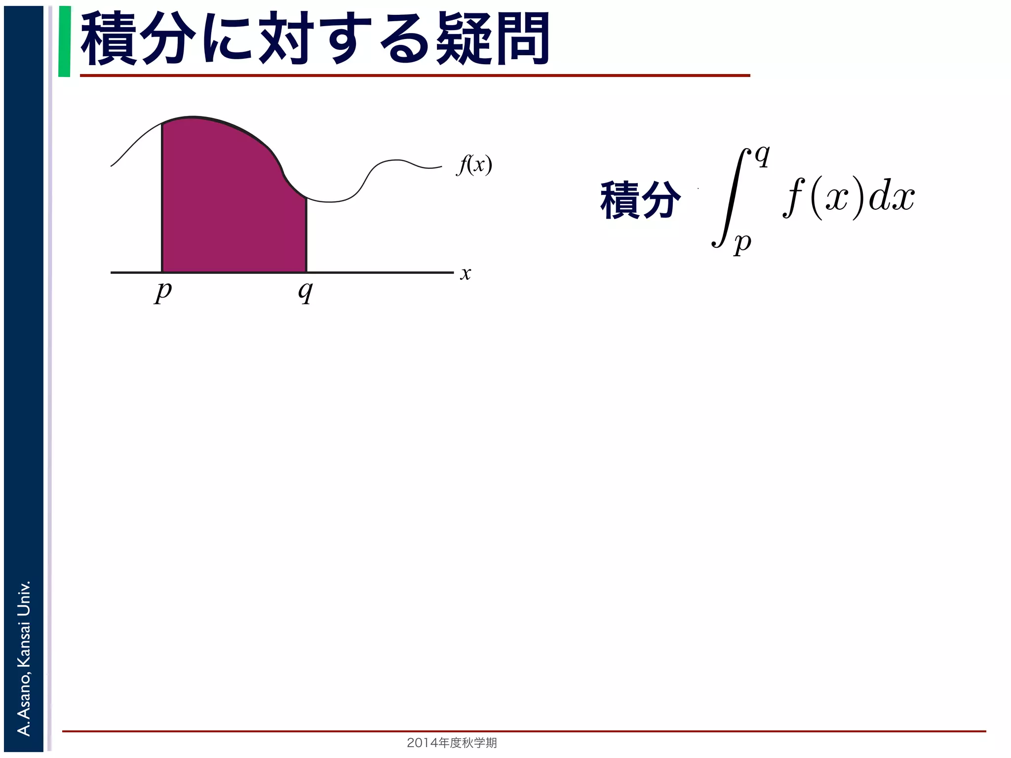 2014年度秋学期 
A.Asano,KansaiUniv.
積分に対する疑問
積分
f(x)
x
p q
定積分を習った時に，「任意の a について，関数 f(x) の a か
ある」すなわち「幅が 0 の積分は 0」ということを習っ
ということは，図 1(a) のように，積分
q
p
f(x)dx から
き取っても，積分の値，すなわち図のグレーの部分の面
幅 0 の積分は 0 なのだから，a の１カ所だけでなく，図
はり積分の値，すなわち図のグレーの部分の面積は減ら
ての有理数の位置にある幅 0 の線を抜き取っても，すな
積は減らないのでしょうか？
どうも納得いかない気がします。この疑問は，今までな
精密にとらえる必要があることを示しています。
 