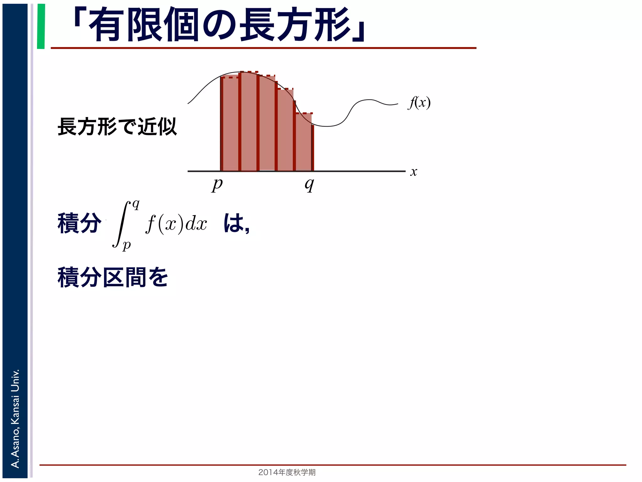 2014年度秋学期 
A.Asano,KansaiUniv.
「有限個の長方形」
積分 は，
の a について，関数 f(x) の a から a までの積分は 0，すなわち
a
a
f(x)dx =
の積分は 0」ということを習ったと思います。
ように，積分
q
p
f(x)dx から，p と q の間にある a のところだけ幅 0 の線
すなわち図のグレーの部分の面積は減らないということになります。
ら，a の１カ所だけでなく，図 1(b) のように幅 0 の線を何本抜き取っても
図のグレーの部分の面積は減らないはずです。ならば，p と q の間にある
幅 0 の線を抜き取っても，すなわち 可算無限個 の線を抜き取っても，やは
か？
します。この疑問は，今までなんとなく考えてきた「幅」という概念を，
ることを示しています。
f(x)
x
p
長方形で近似
q
積分区間を
 