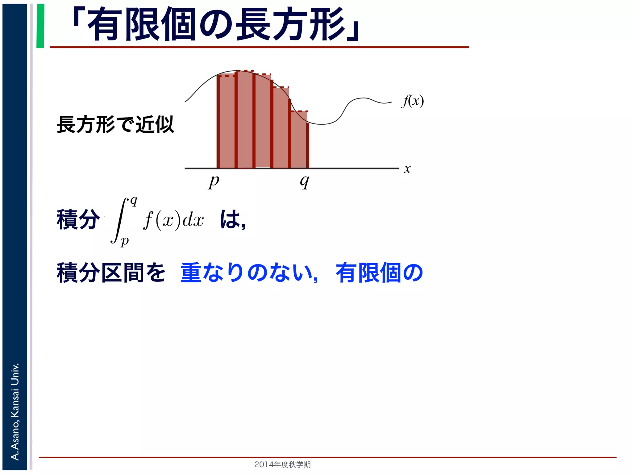 2014年度秋学期 
A.Asano,KansaiUniv.
「有限個の長方形」
積分 は，
の a について，関数 f(x) の a から a までの積分は 0，すなわち
a
a
f(x)dx =
の積分は 0」ということを習ったと思います。
ように，積分
q
p
f(x)dx から，p と q の間にある a のところだけ幅 0 の線
すなわち図のグレーの部分の面積は減らないということになります。
ら，a の１カ所だけでなく，図 1(b) のように幅 0 の線を何本抜き取っても
図のグレーの部分の面積は減らないはずです。ならば，p と q の間にある
幅 0 の線を抜き取っても，すなわち 可算無限個 の線を抜き取っても，やは
か？
します。この疑問は，今までなんとなく考えてきた「幅」という概念を，
ることを示しています。
f(x)
x
p
長方形で近似
q
積分区間を 重なりのない，有限個の
 