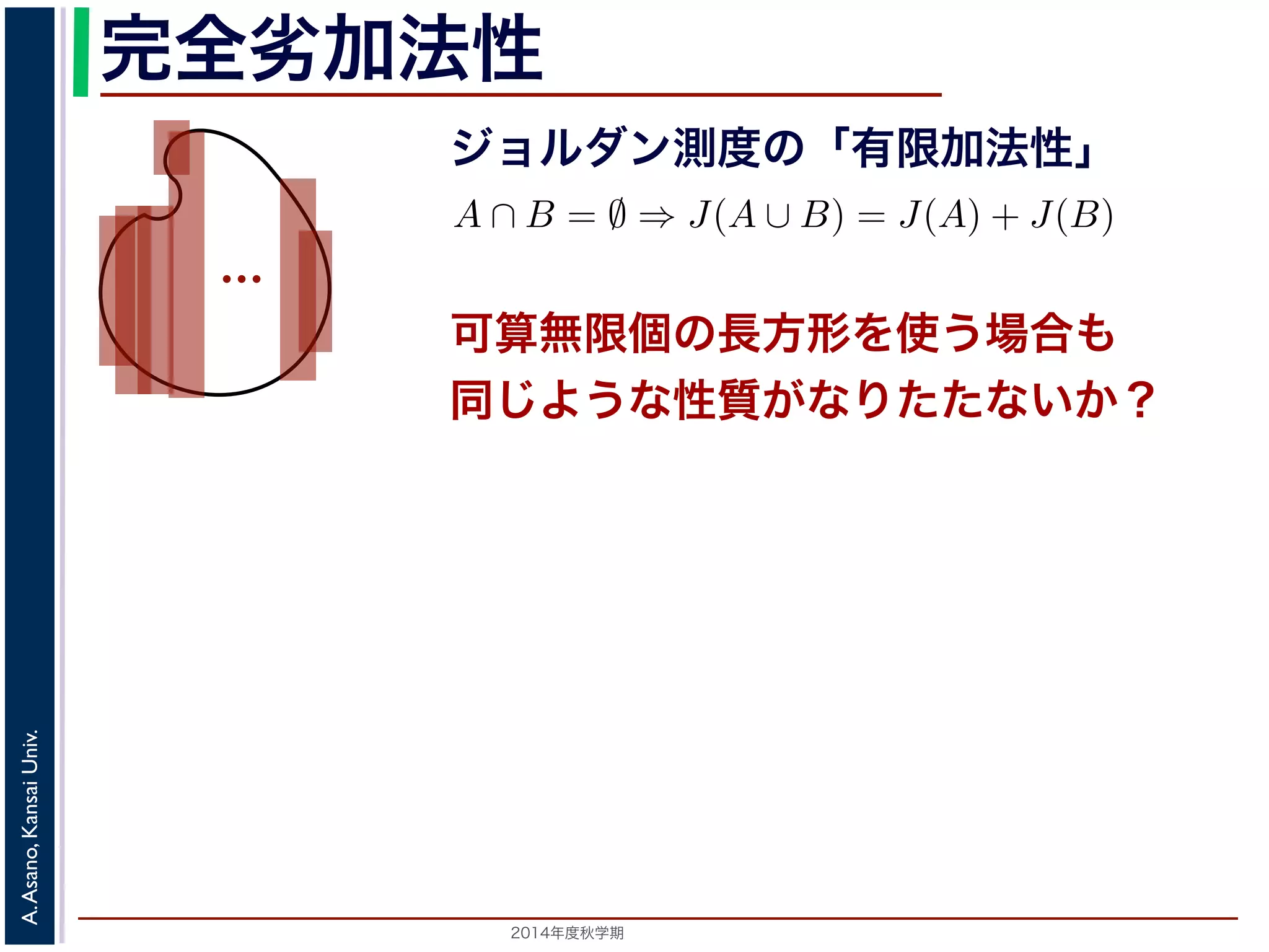 2014年度秋学期 
A.Asano,KansaiUniv.
完全劣加法性
ジョルダン測度の「有限加法性」
…
J(A) とします。
1. J(∅) = 0
2. A ∩ B = ∅ ⇒ J(A ∪ B) = J(A) + J(B)
後者の性質を有限加法性といいます。
ルベーグ測度
ジョルダン測度では「有限個の長方形」を考えていま
「極限」を考えています。しかし，第４回の講義で説明し
えることは，無限個の長方形を考えることとは違うこと
なだけ細かく分ければ，その極限に好きなだけ近づける
有限個の長方形について想定されているものです。
可算無限個の長方形を使う場合も
同じような性質がなりたたないか？
 