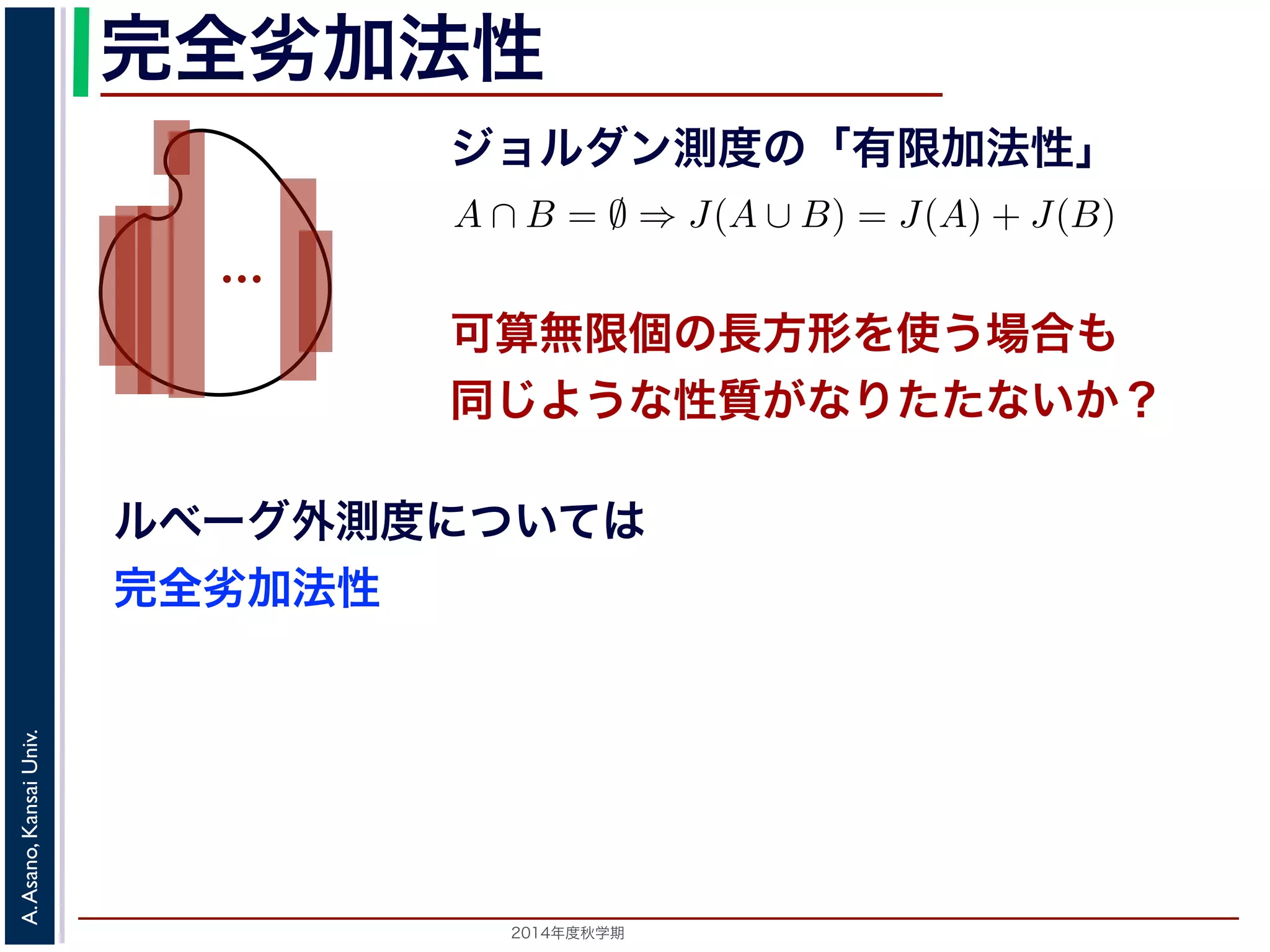 2014年度秋学期 
A.Asano,KansaiUniv.
完全劣加法性
ジョルダン測度の「有限加法性」
…
ルベーグ外測度については
完全劣加法性
J(A) とします。
1. J(∅) = 0
2. A ∩ B = ∅ ⇒ J(A ∪ B) = J(A) + J(B)
後者の性質を有限加法性といいます。
ルベーグ測度
ジョルダン測度では「有限個の長方形」を考えていま
「極限」を考えています。しかし，第４回の講義で説明し
えることは，無限個の長方形を考えることとは違うこと
なだけ細かく分ければ，その極限に好きなだけ近づける
有限個の長方形について想定されているものです。
可算無限個の長方形を使う場合も
同じような性質がなりたたないか？
 