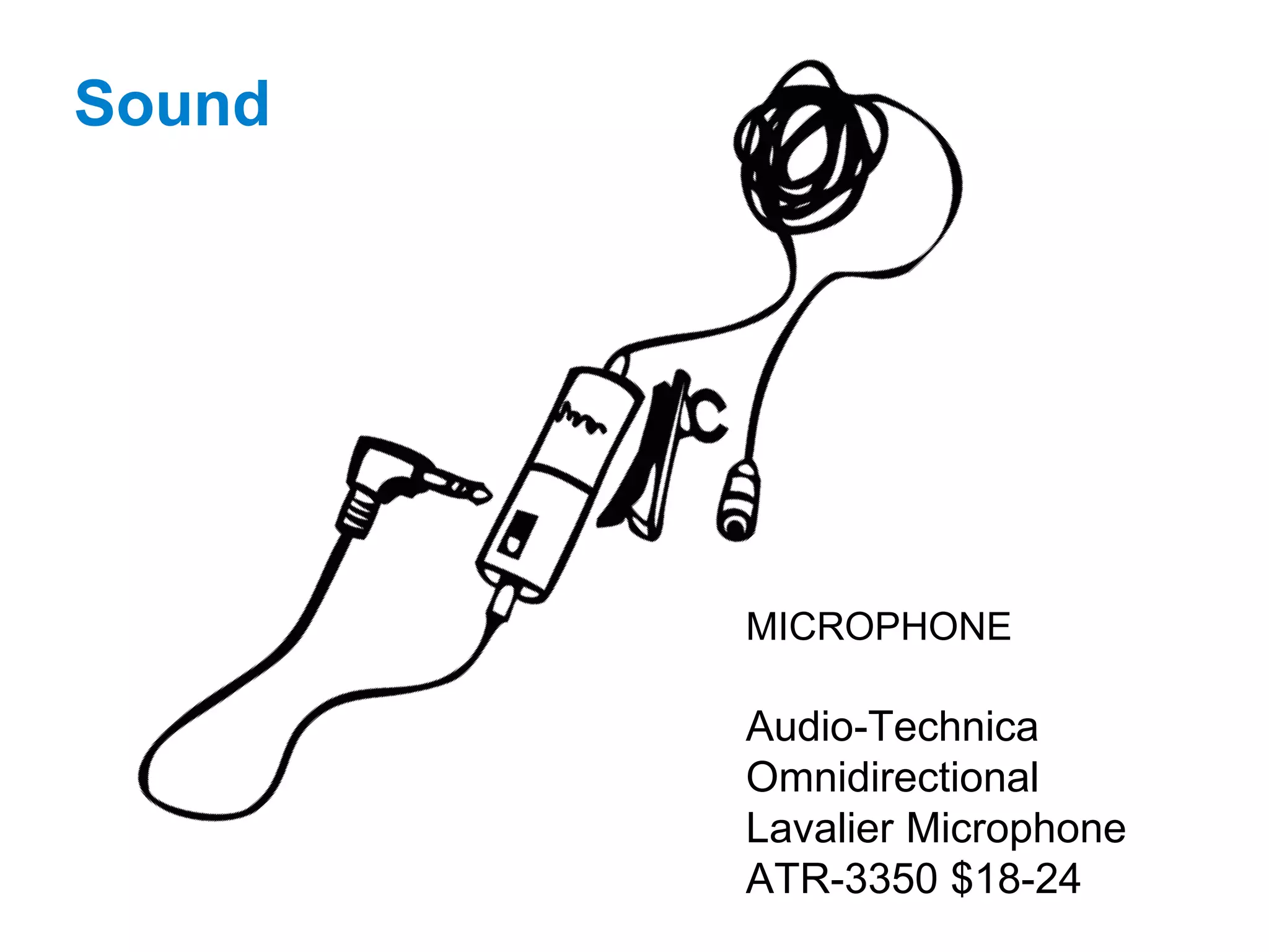 Sound
MICROPHONE
Audio-Technica
Omnidirectional
Lavalier Microphone
ATR-3350 $18-24
 