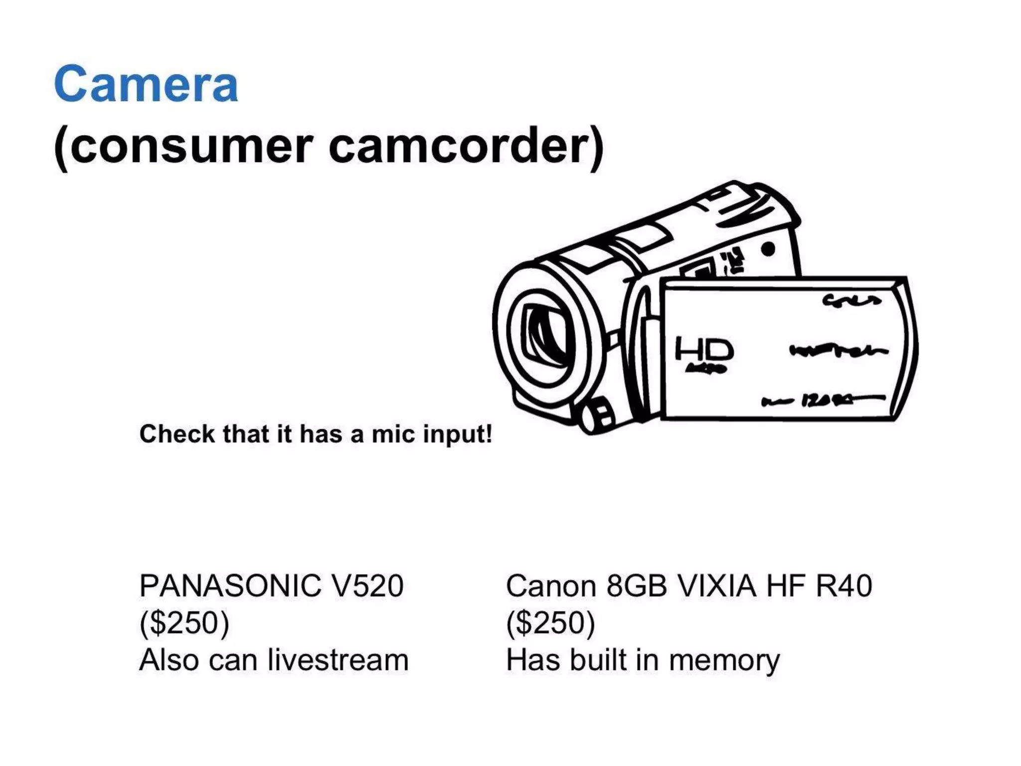 PANASONIC V520
($250)
Also can livestream
Canon 8GB VIXIA HF R40
($250)
Has built in memory
Check that it has a mic input!
Camera
(consumer camcorder)
 