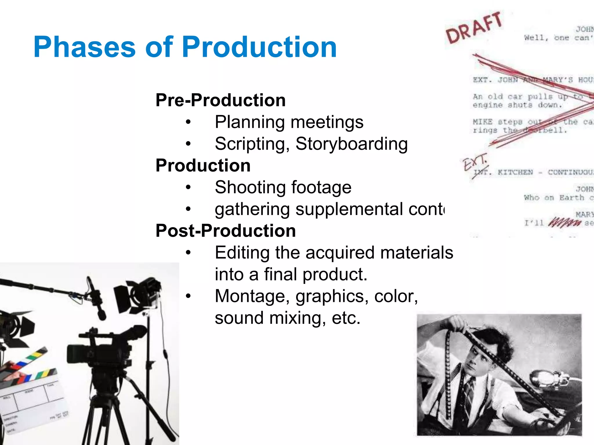 Phases of Production
Pre-Production
• Planning meetings
• Scripting, Storyboarding
Production
• Shooting footage
• gathering supplemental content
Post-Production
• Editing the acquired materials
into a final product.
• Montage, graphics, color,
sound mixing, etc.
 