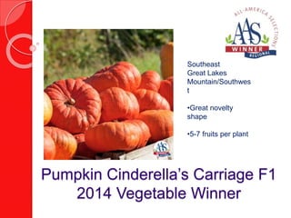 Southeast 
Great Lakes 
Mountain/Southwes 
t 
•Great novelty 
shape 
•5-7 fruits per plant 
Pumpkin Cinderella’s Carriage F1 
2014 Vegetable Winner 
 