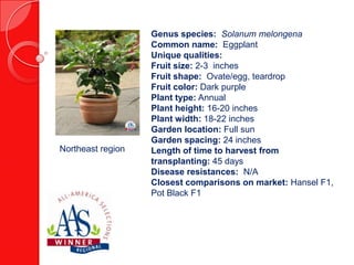 Northeast region

Genus species: Solanum melongena
Common name: Eggplant
Unique qualities:
Fruit size: 2-3 inches
Fruit shape: Ovate/egg, teardrop
Fruit color: Dark purple
Plant type: Annual
Plant height: 16-20 inches
Plant width: 18-22 inches
Garden location: Full sun
Garden spacing: 24 inches
Length of time to harvest from
transplanting: 45 days
Disease resistances: N/A
Closest comparisons on market: Hansel F1,
Pot Black F1

 