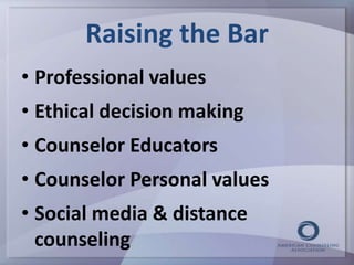 Raising the Bar 
• Professional values 
• Ethical decision making 
• Counselor Educators 
• Counselor Personal values 
• Social media & distance 
counseling 
 