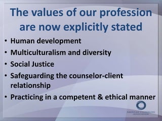 The values of our profession 
are now explicitly stated 
• Human development 
• Multiculturalism and diversity 
• Social Justice 
• Safeguarding the counselor-client 
relationship 
• Practicing in a competent & ethical manner 
 