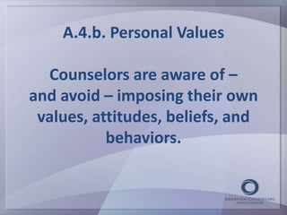 A.4.b. Personal Values 
Counselors are aware of – 
and avoid – imposing their own 
values, attitudes, beliefs, and 
behaviors. 
 