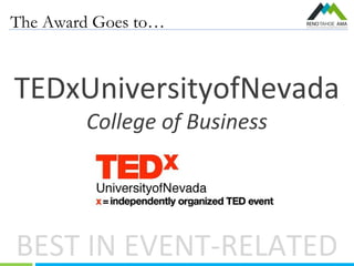 The Award Goes to…
BEST IN EVENT-RELATED
TEDxUniversityofNevada
College of Business
 
