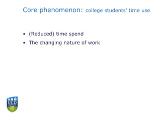 Core phenomenon: college students’ time use 
• (Reduced) time spend 
• The changing nature of work 
 