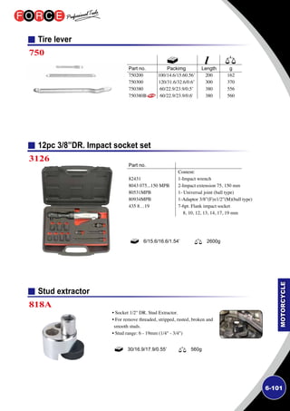 6-101
Tire lever
12pc 3/8”DR. Impact socket set
750
3126
6/15.6/16.6/1.54’ 2600g
Part no.	 Packimg	 Length	 g
750200	 100/14.6/15.60.56’	 200	 162
750300	 120/31.6/32.6/0.6’	 300	 370
750380	 60/22.9/23.9/0.5’	 380	 556
750380B	 60/22.9/23.9/0.6'	 380	 560
Part no.	
82431
8043 075...150 MPB
80531MPB
80934MPB
435 8…19
	
	
	
Content:
1-Impact wrench
2-Impact extension 75, 150 mm
1- Universal joint (ball type)
1-Adaptor 3/8”(F)x1/2”(M)(ball type)
7-6pt. Flank impact socket
8, 10, 12, 13, 14, 17, 19 mm
Stud extractor
818A
• Socket 1/2 DR. Stud Extractor.
• For remove threaded, stripped, rusted, broken and
smooth studs.
• Stud range: 6 - 19mm (1/4 - 3/4)
30/16.9/17.9/0.55’ 560g
 
