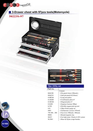 6-102
3-Drawer chest with 97pcs tools(Motorcycle)
50223S-97
14pc Utility set
Content:
1-Pin punch 4mm (190mmL)
1-Safe pin punch 6(210mm)
1-Long nose pliers
1-Combination pliers 8
1-Diagonal pliers 6
1-Engineer hammer 200gw
1-Flexible magnet pick-up tool
1-20pcs Feeler gauge set
1-Technician's scissors 145mmL
2-Tyre lever 300mmL; 380mmL
1-Round magnetic tray
1-Car light tester Checks 6-24V system
1-Brass  Nylon scrape brushes
6044190
6046210
610B160
611B200
612B160
616200
61702
618
6983
750 300…380
88001
88423
9U3001
Part no.
 